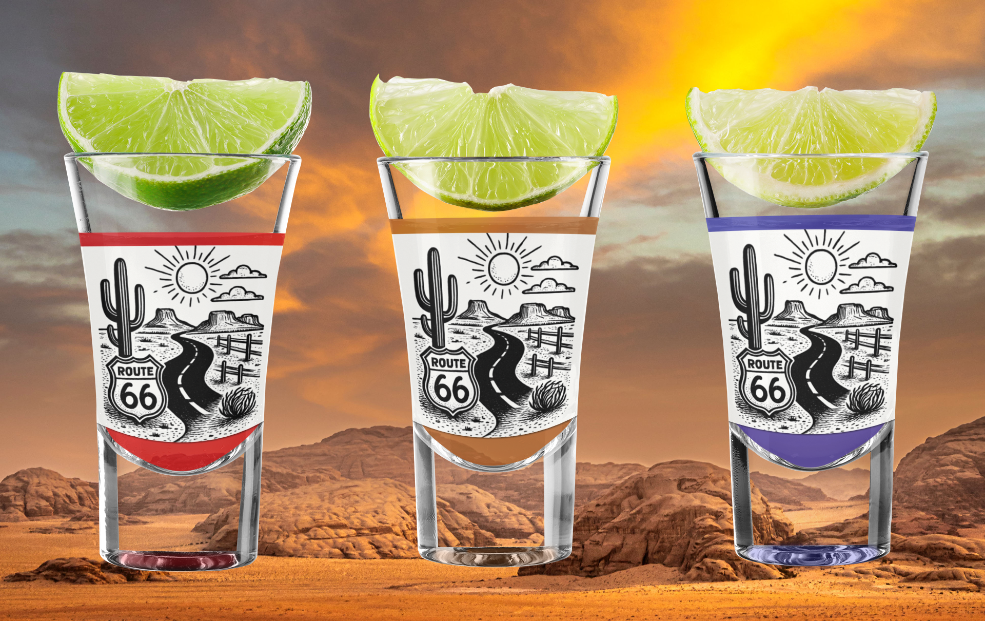 Set of Route 66 shot glasses with desert sunset background - vintage Americana barware.