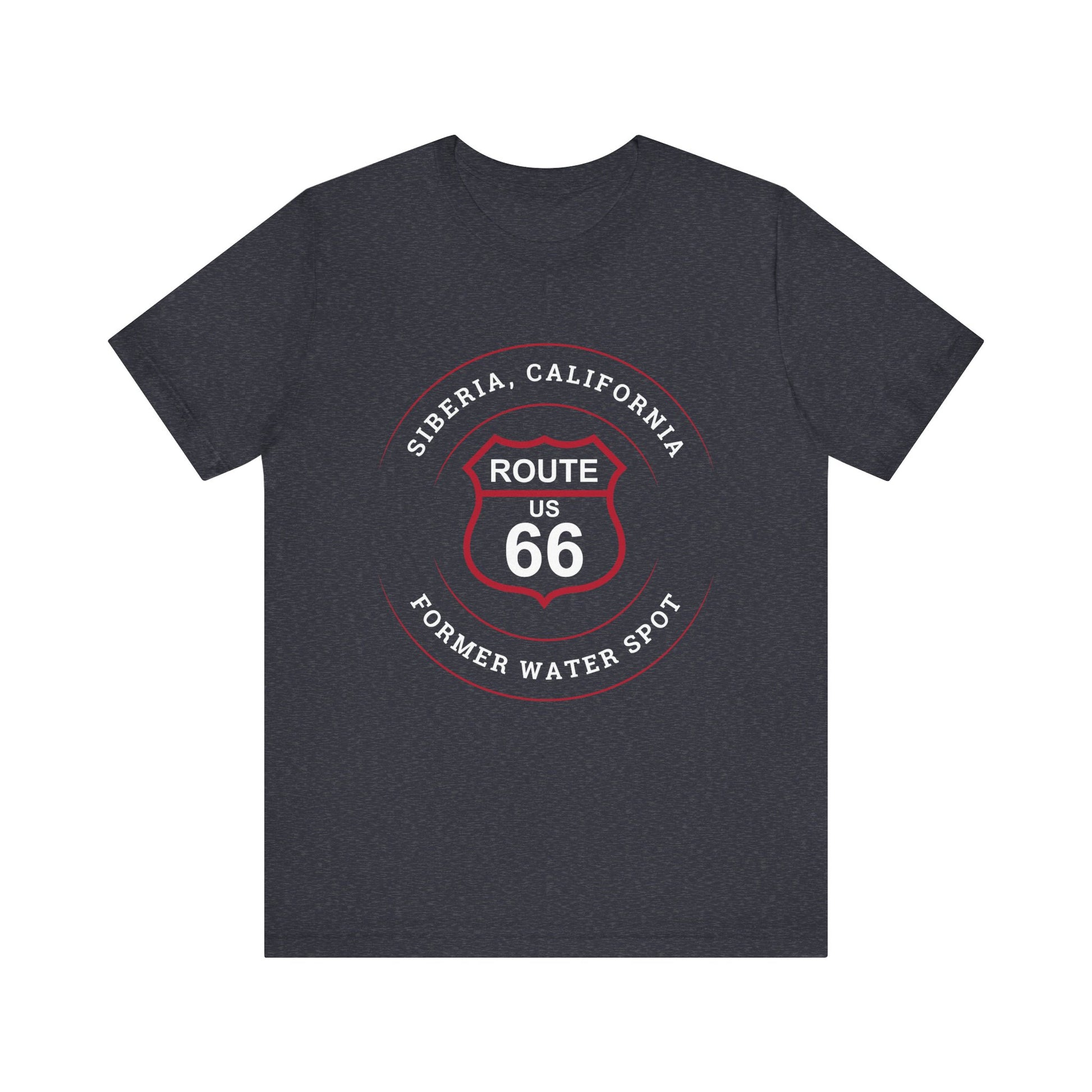 Heather navy retro Route 66 unisex jersey tee with Siberia, CA: "Former Water Spot" design