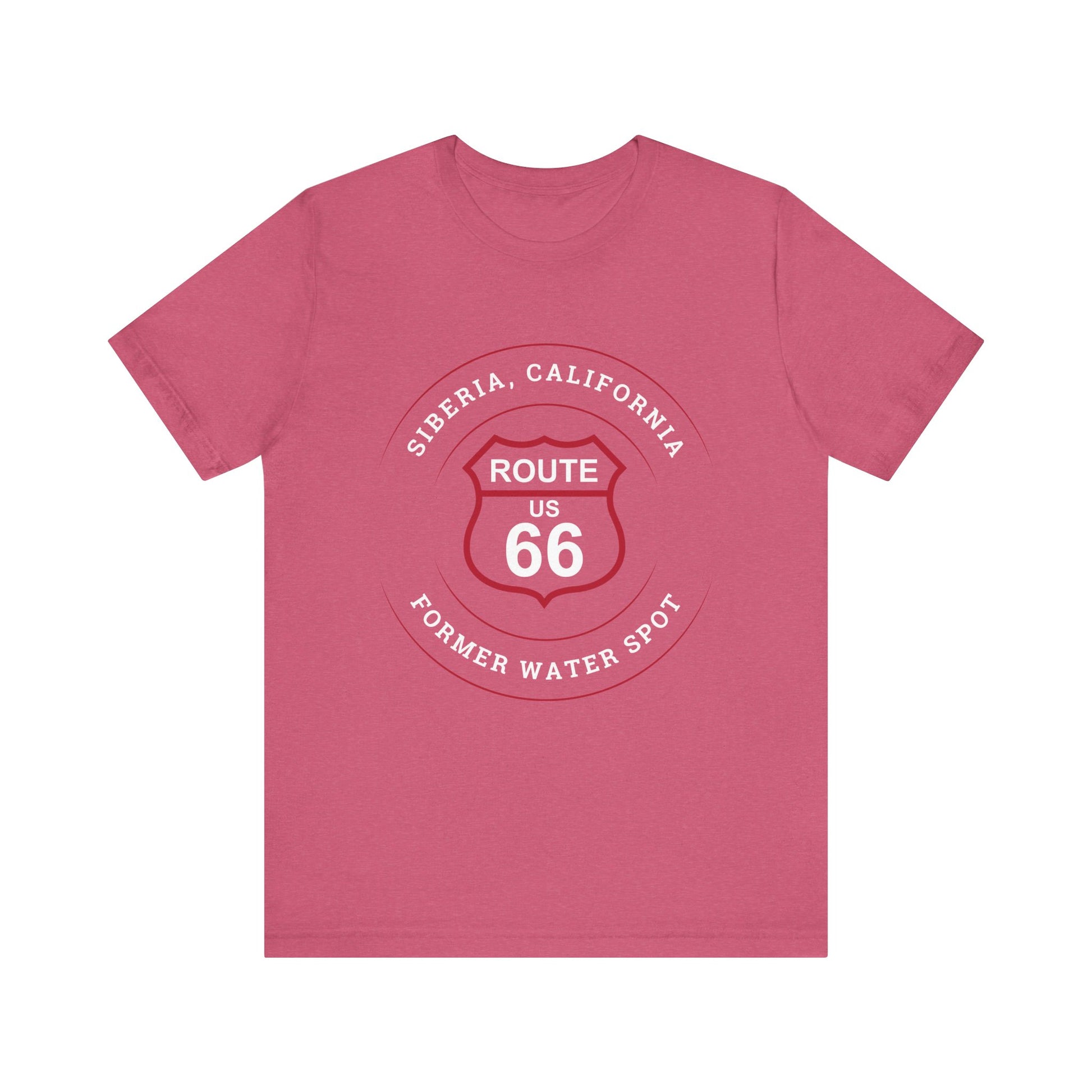 Heather raspberry retro Route 66 unisex jersey tee with Siberia, CA: "Former Water Spot" design