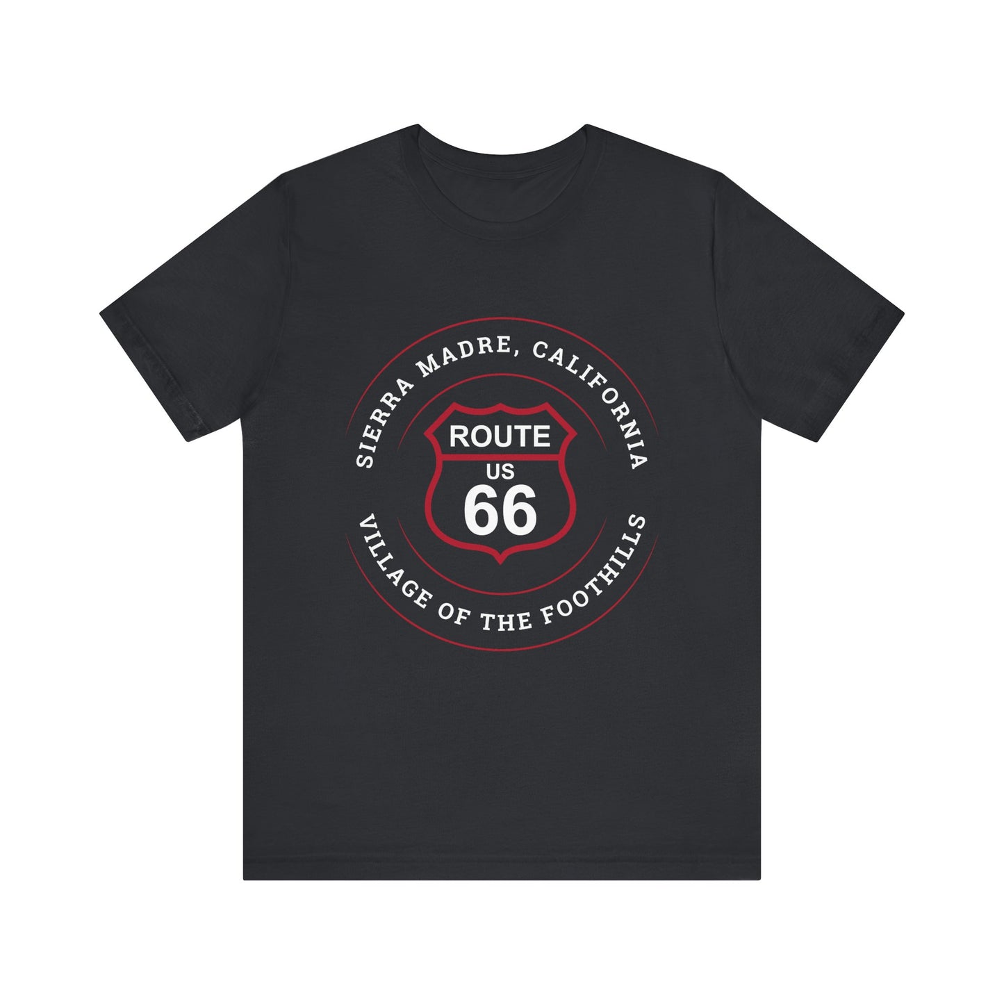 Black heather retro Route 66 unisex jersey tee with Sierra Madre, CA: "Village of the Foothills" design