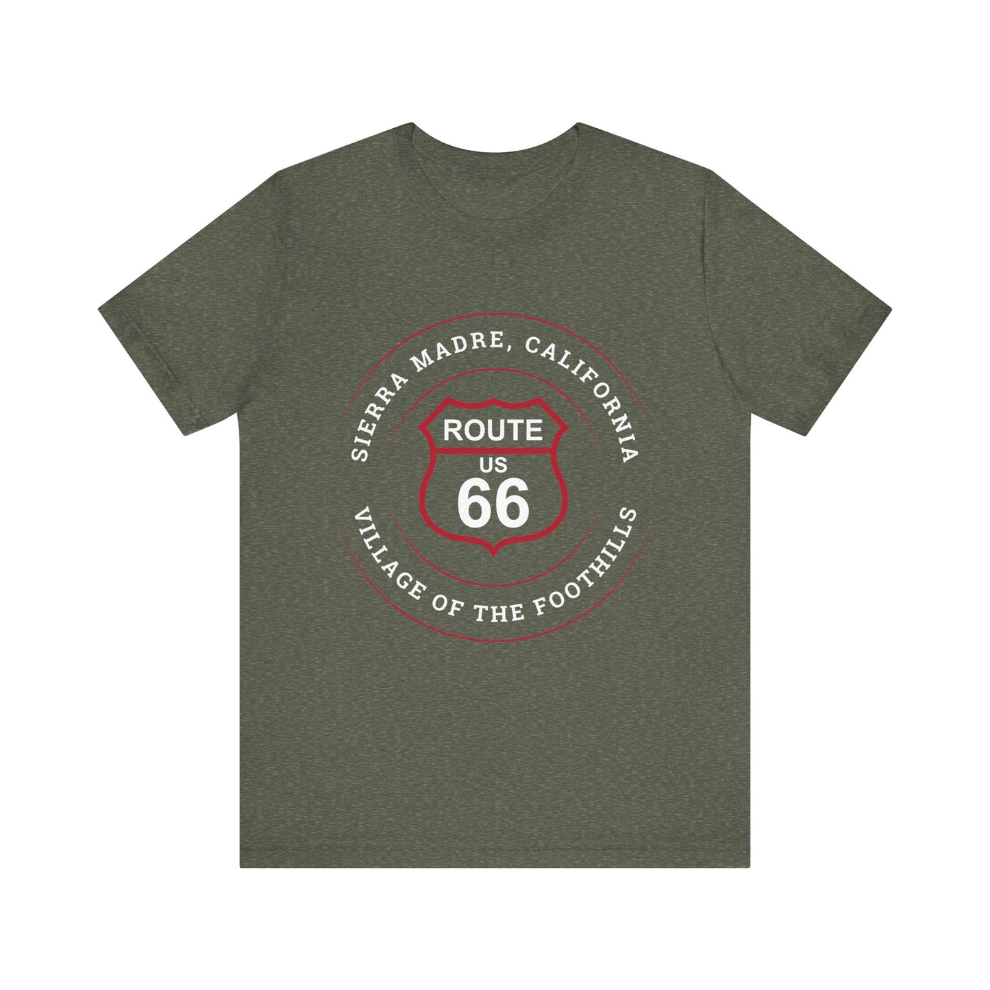 Heather military green retro Route 66 unisex jersey tee with Sierra Madre, CA: "Village of the Foothills" design