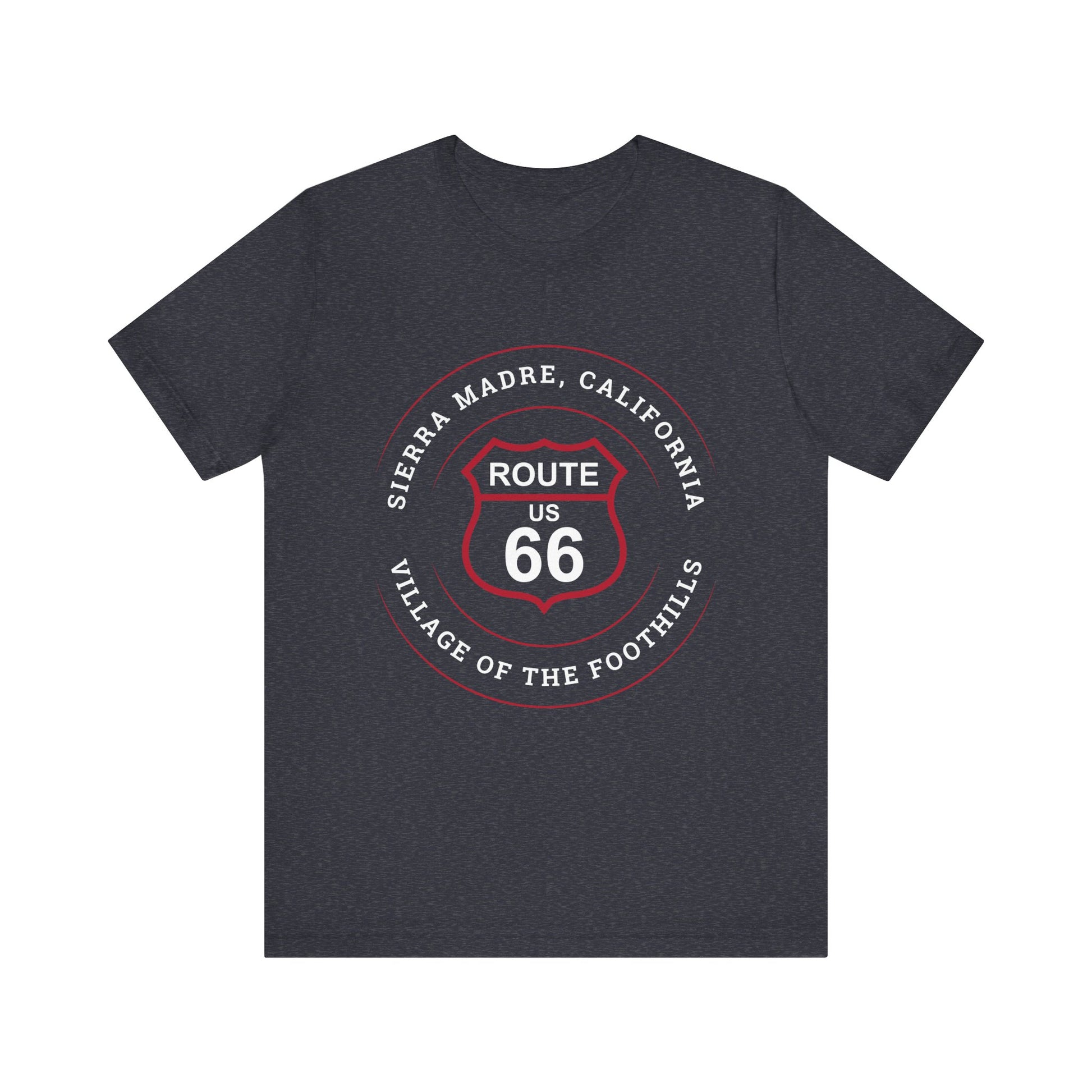 Heather navy retro Route 66 unisex jersey tee with Sierra Madre, CA: "Village of the Foothills" design