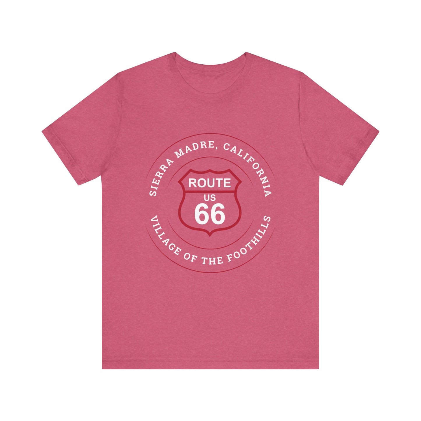 Heather raspberry retro Route 66 unisex jersey tee with Sierra Madre, CA: "Village of the Foothills" design