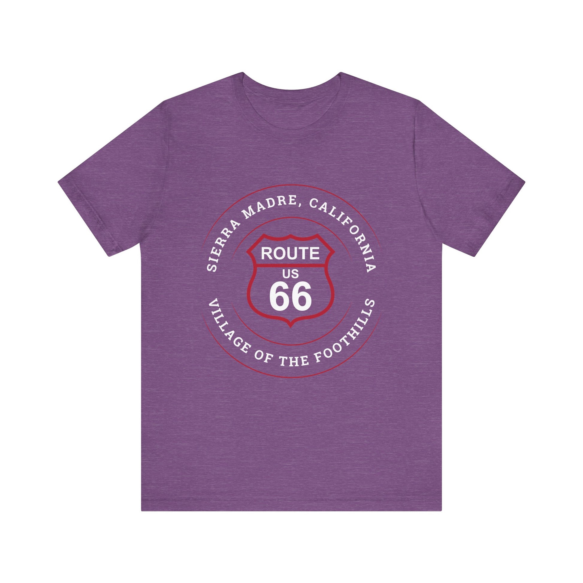 Heather team purple retro Route 66 unisex jersey tee with Sierra Madre, CA: "Village of the Foothills" design