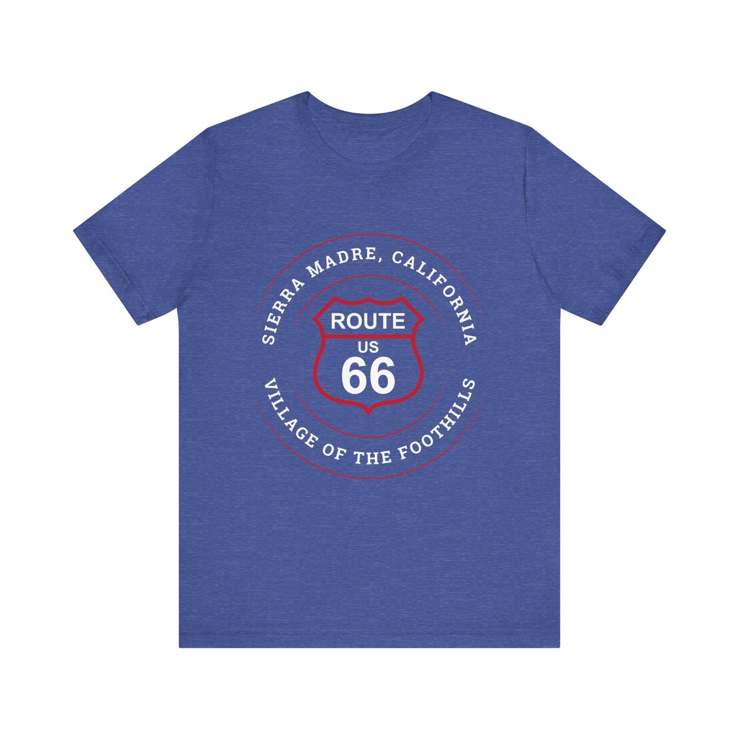 Heather true royal retro Route 66 unisex jersey tee with Sierra Madre, CA: "Village of the Foothills" design