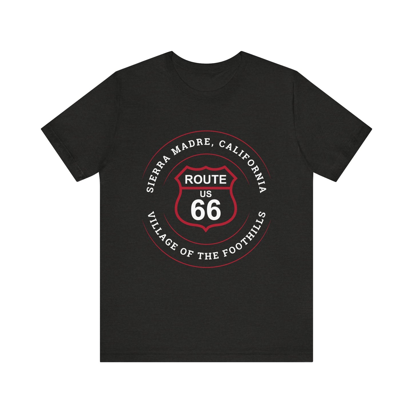 Vintage black retro Route 66 unisex jersey tee with Sierra Madre, CA: "Village of the Foothills" design