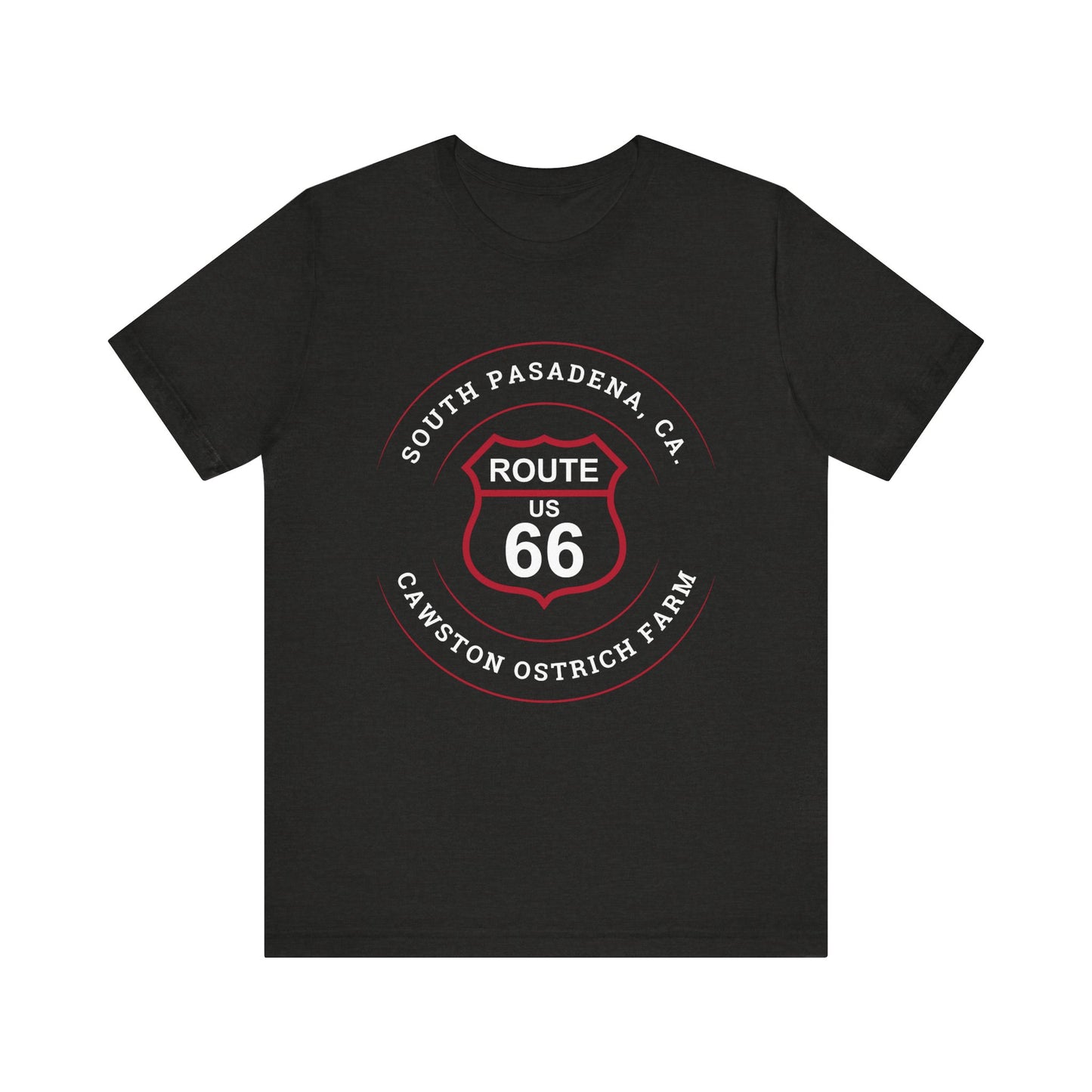Black heather retro Route 66 unisex jersey tee with South Pasadena, CA: "Cawston Ostrich Farm" design