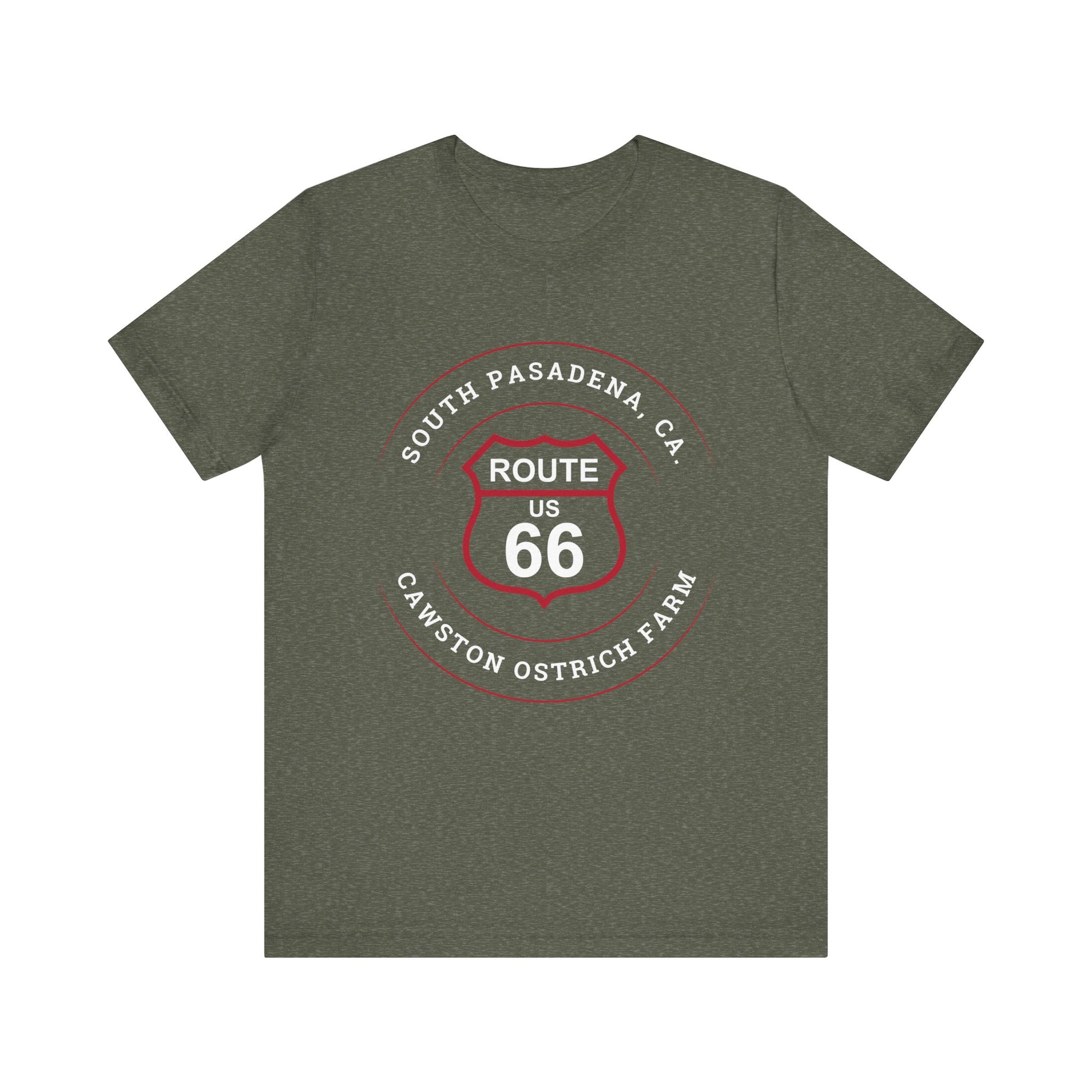 Heather military green retro Route 66 unisex jersey tee with South Pasadena, CA: "Cawston Ostrich Farm" design