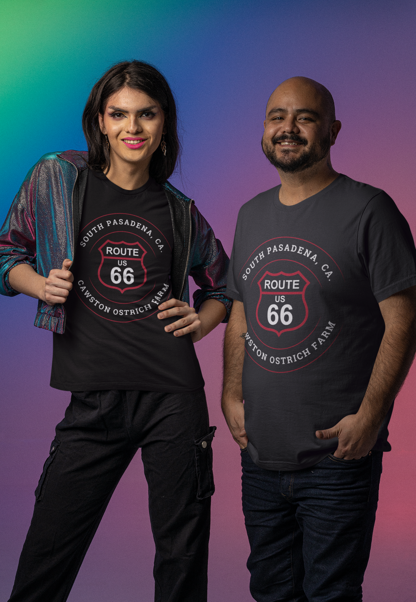 Female and male models both wearing black and vintage black retro Route 66 unisex jersey tees with South Pasadena, CA: "Cawston Ostrich Farm" design