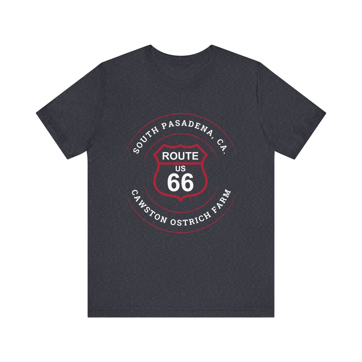 Heather navy retro Route 66 unisex jersey tee with South Pasadena, CA: "Cawston Ostrich Farm" design