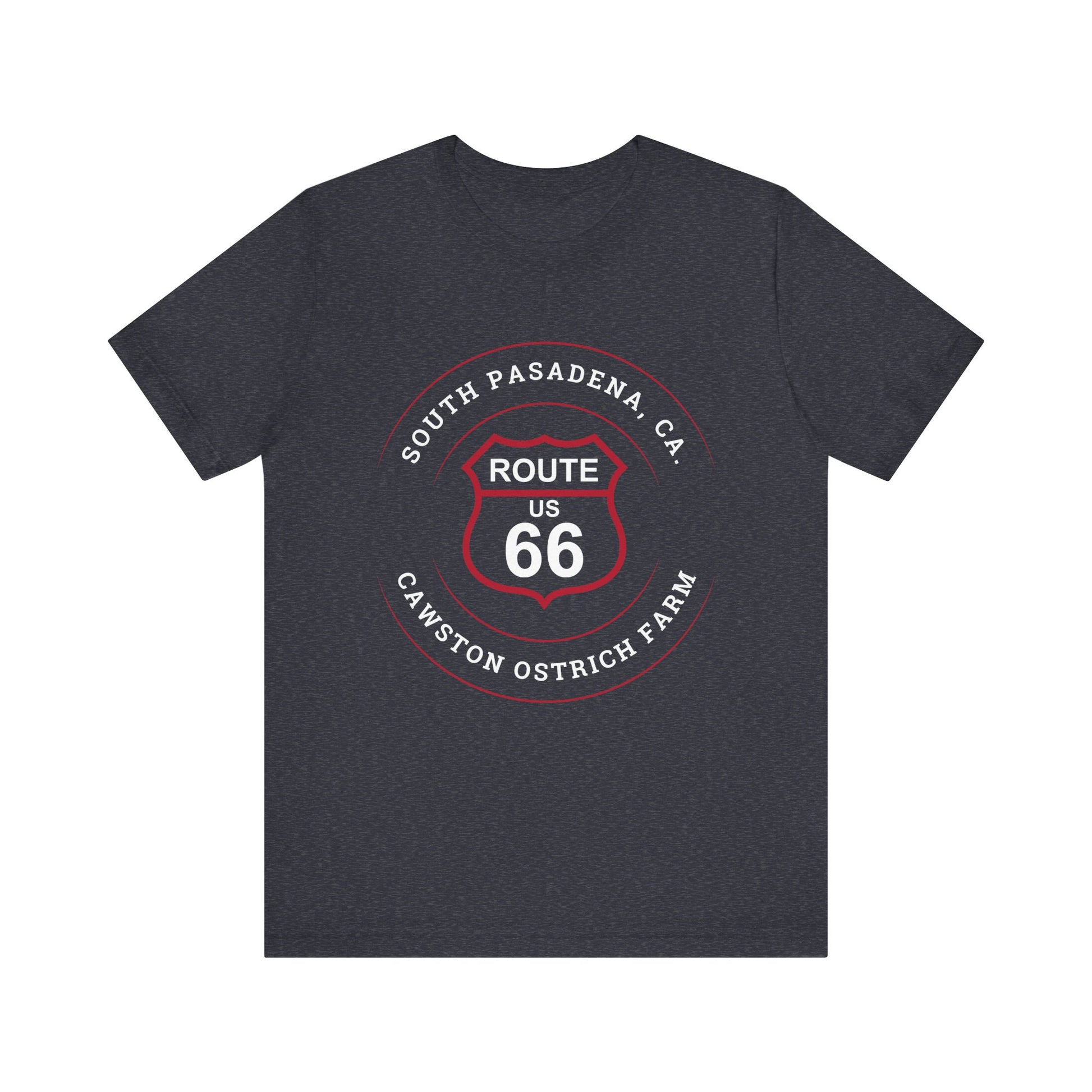 Heather navy retro Route 66 unisex jersey tee with South Pasadena, CA: "Cawston Ostrich Farm" design