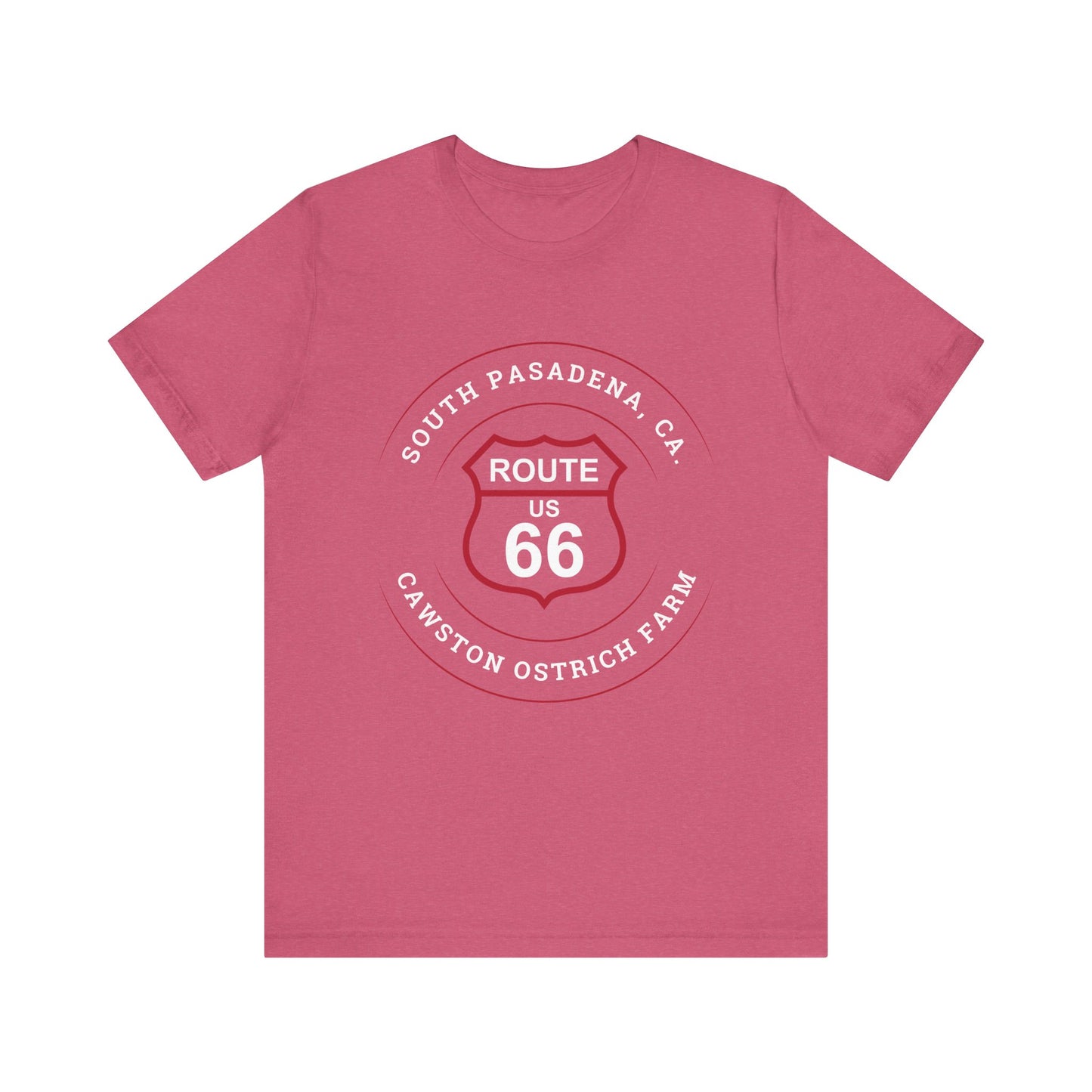 Heather raspberry retro Route 66 unisex jersey tee with South Pasadena, CA: "Cawston Ostrich Farm" design