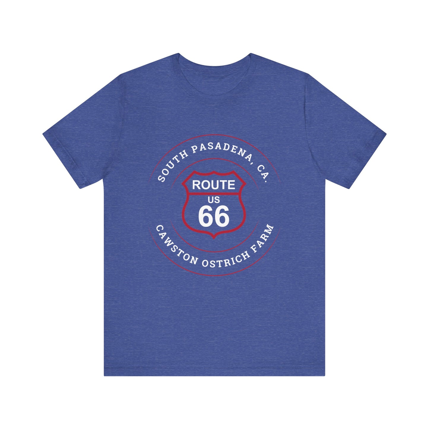 Heather true royal retro Route 66 unisex jersey tee with South Pasadena, CA: "Cawston Ostrich Farm" design