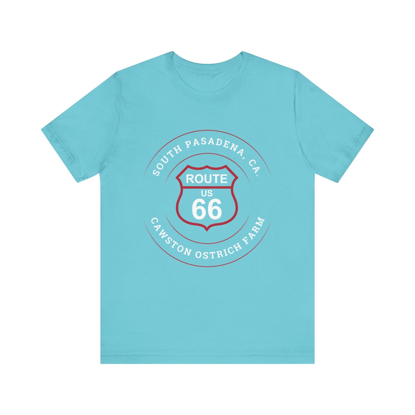 Turquoise retro Route 66 unisex jersey tee with South Pasadena, CA: "Cawston Ostrich Farm" design