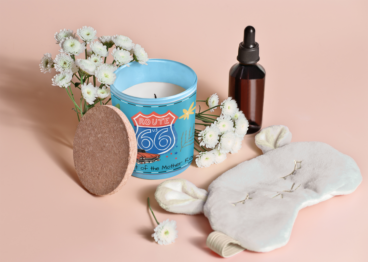 Route 66 soy candle with floral accents, sleep mask and essential oils: perfect for spa nights, relaxation and road trip nostalgia gifts.
