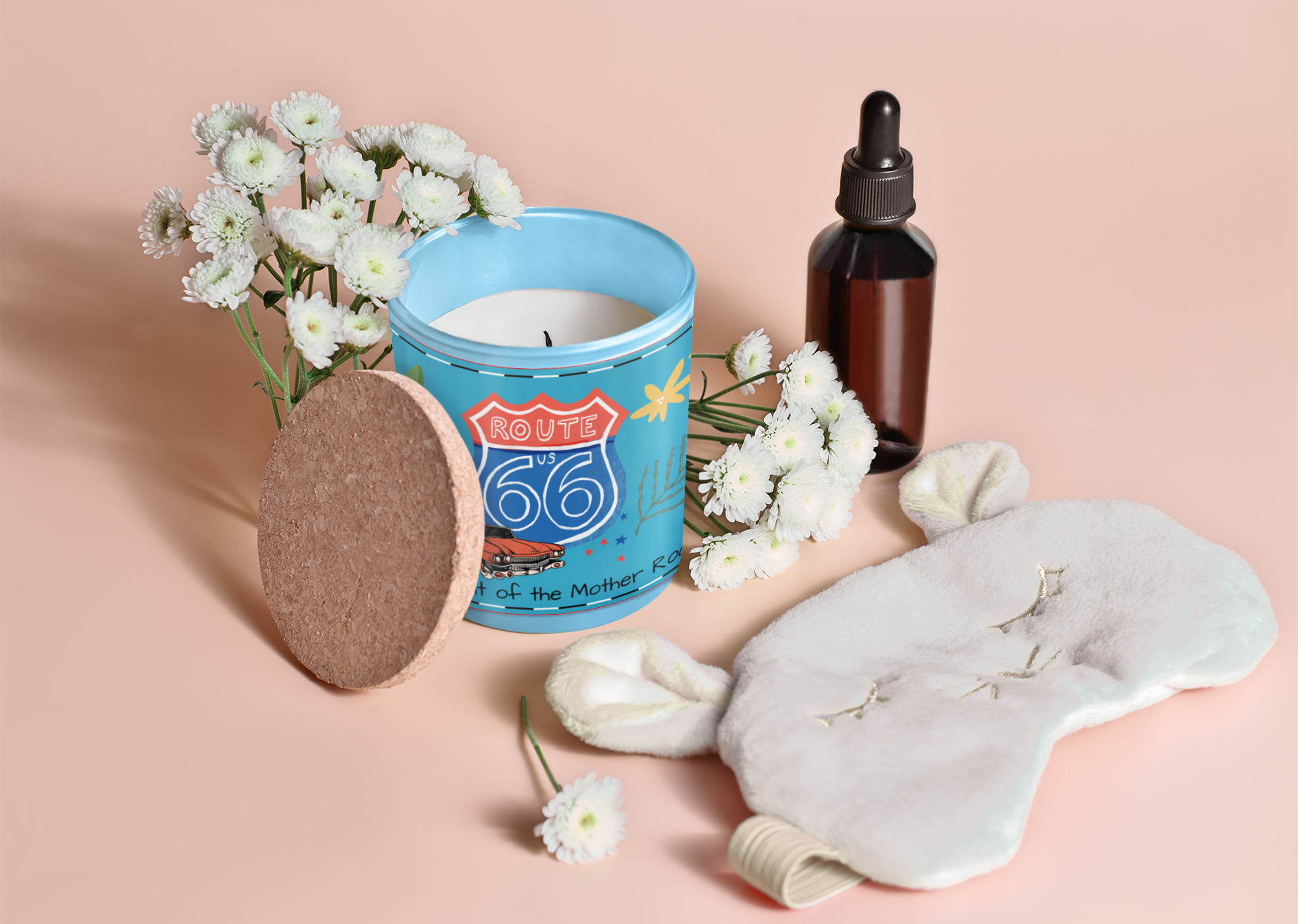 Route 66 soy candle with floral accents, sleep mask and essential oils: perfect for spa nights, relaxation and road trip nostalgia gifts.