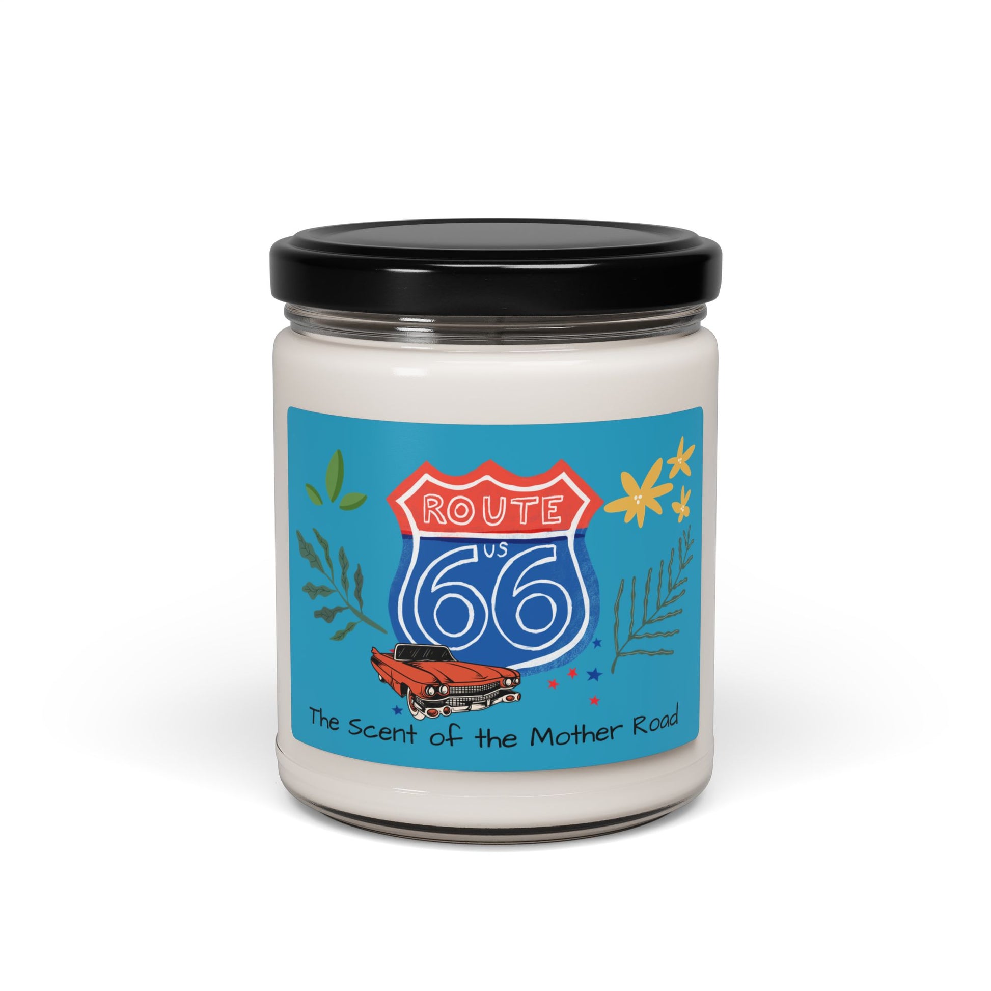 Close-up of Route 66 soy candle in reusable glass jar, featuring red convertible car graphic and "Scents of the Mother Road" design