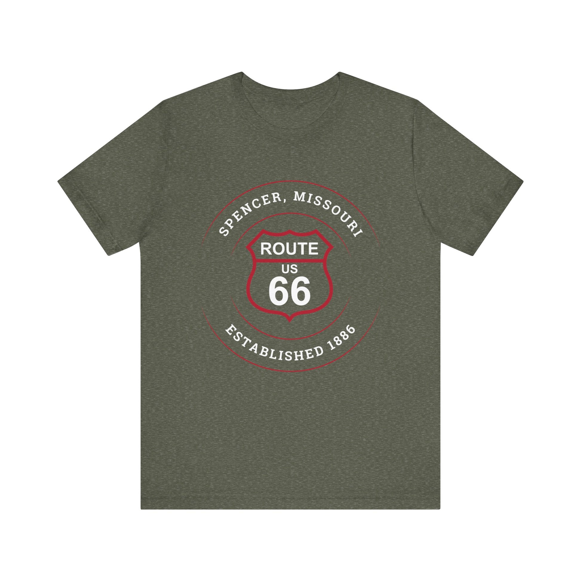 Heather military green retro Route 66 unisex jersey tee with Spencer, MO "Established 1886" design