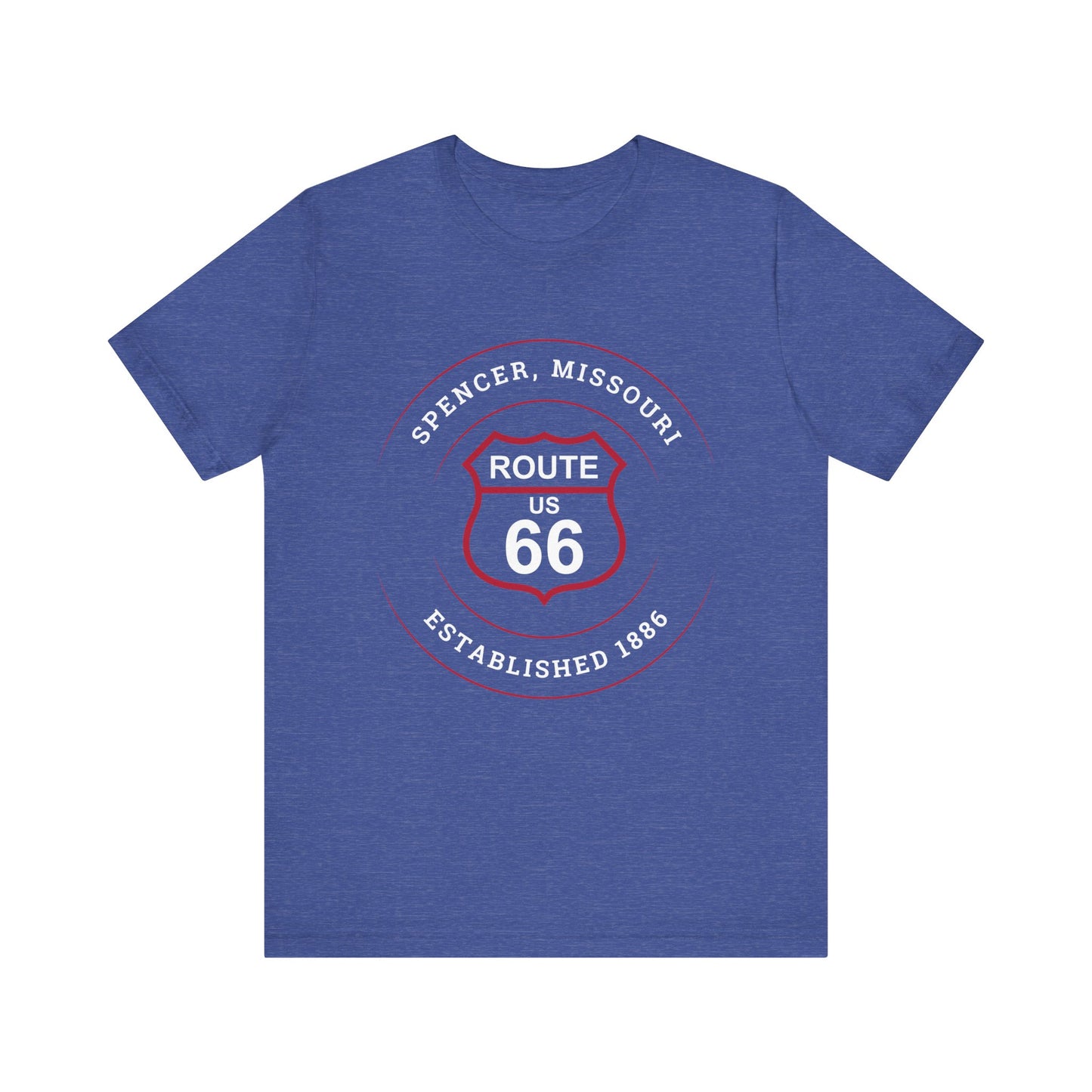 Heather true royal retro Route 66 unisex jersey tee with Spencer, MO "Established 1886" design