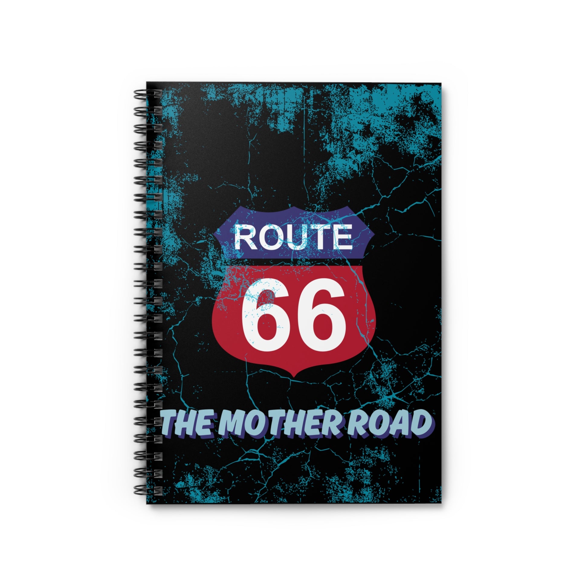 Front cover of Route 66 spiral notebook with distressed black background, bold red and blue Route 66 shield and aqua blue "The Mother Road" lettering.
