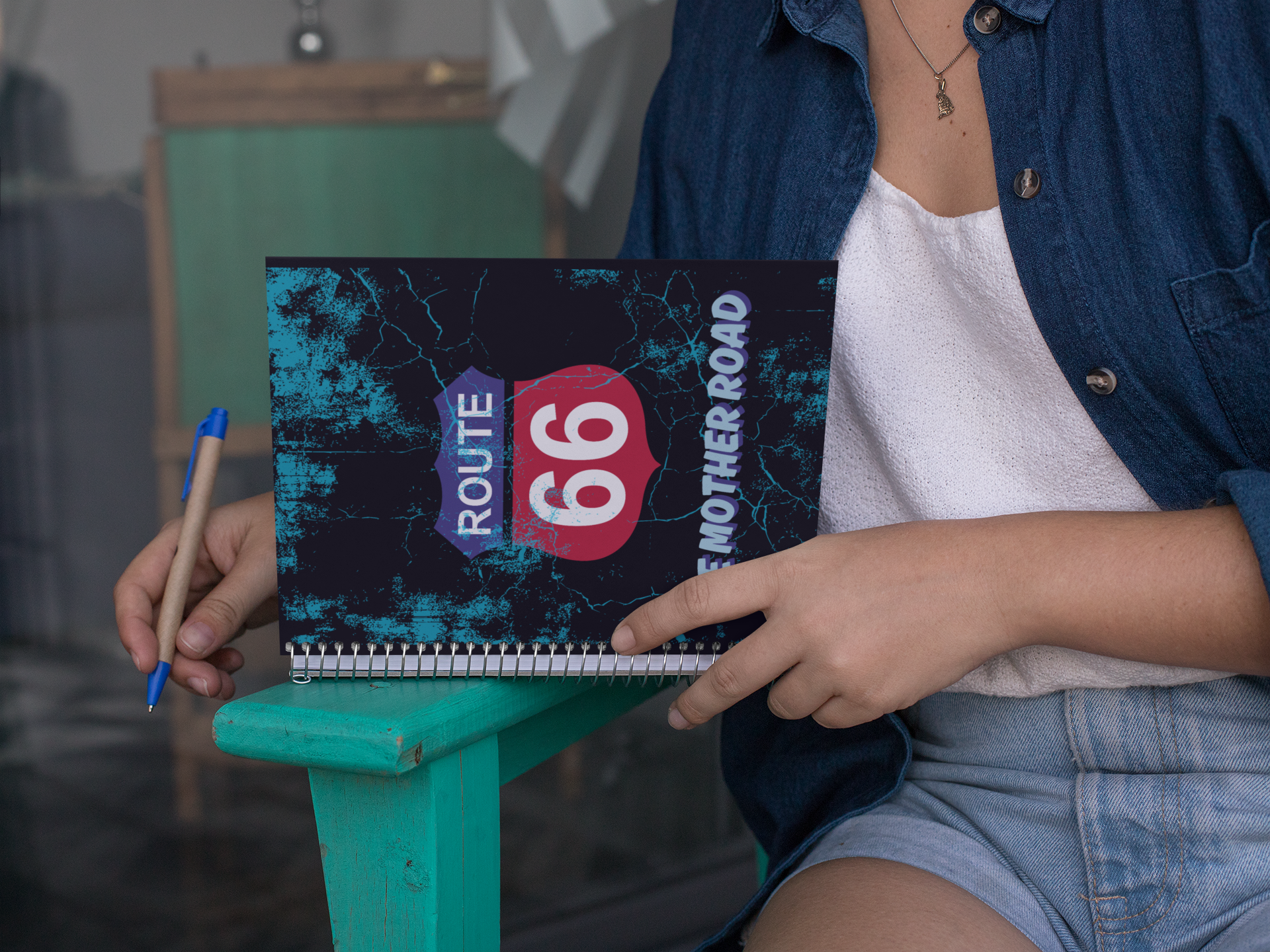 Person sitting casually and writing in a Route 66 spiral notebook with a distressed black cover featuring a red and blue Route 66 shield and "The Mother Road" text