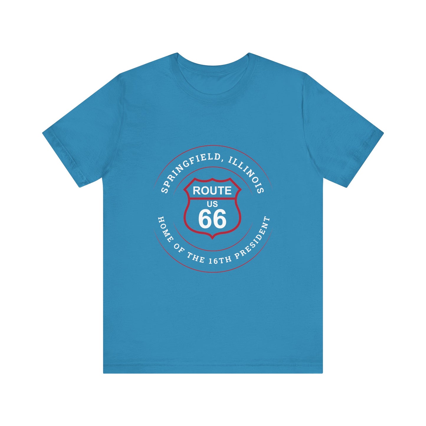 Aqua retro Route 66 unisex jersey tee with Springfield, IL:: "Home of the 16th President" design