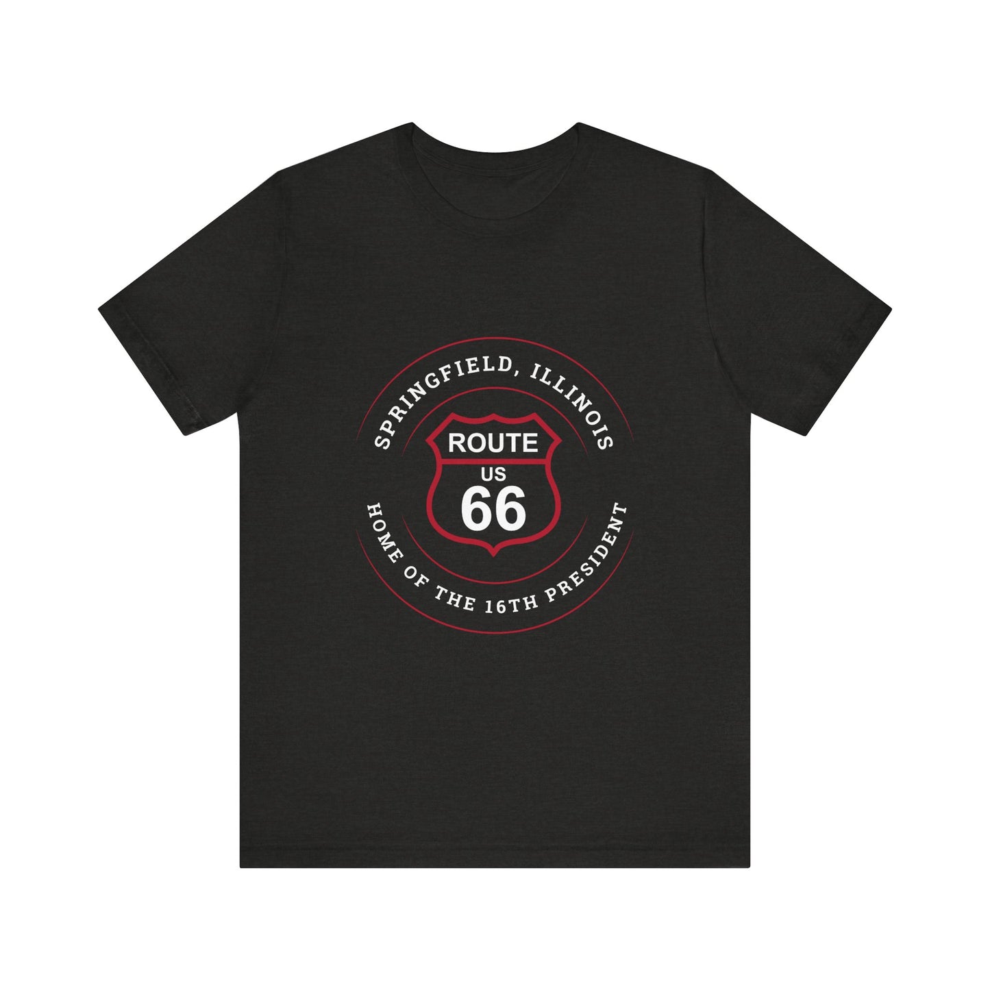 Black heather retro Route 66 unisex jersey tee with Springfield, IL:: "Home of the 16th President" design