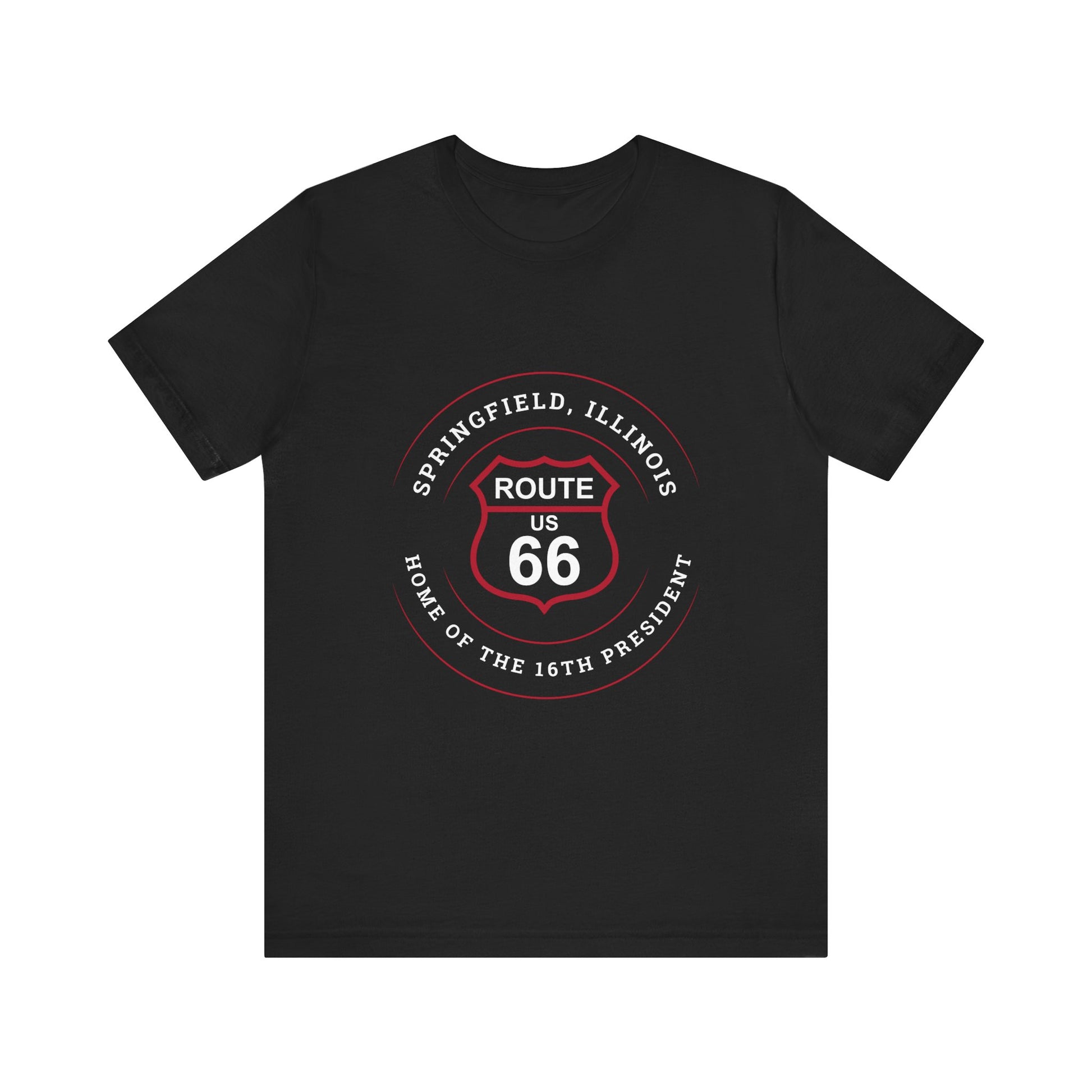 Black retro Route 66 unisex jersey tee with Springfield, IL:: "Home of the 16th President" design