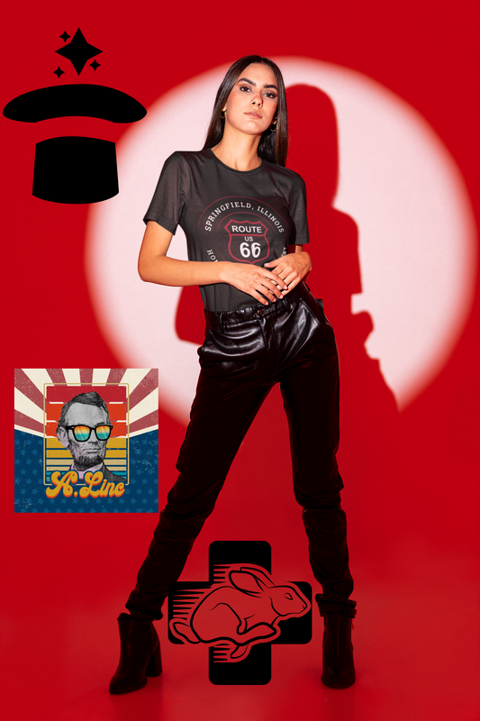 Female model wearing a black retro Route 66 unisex jersey tee with a Springfield, IL:: "Home of the 16th President" design against a red background with an Abraham Lincoln graphic