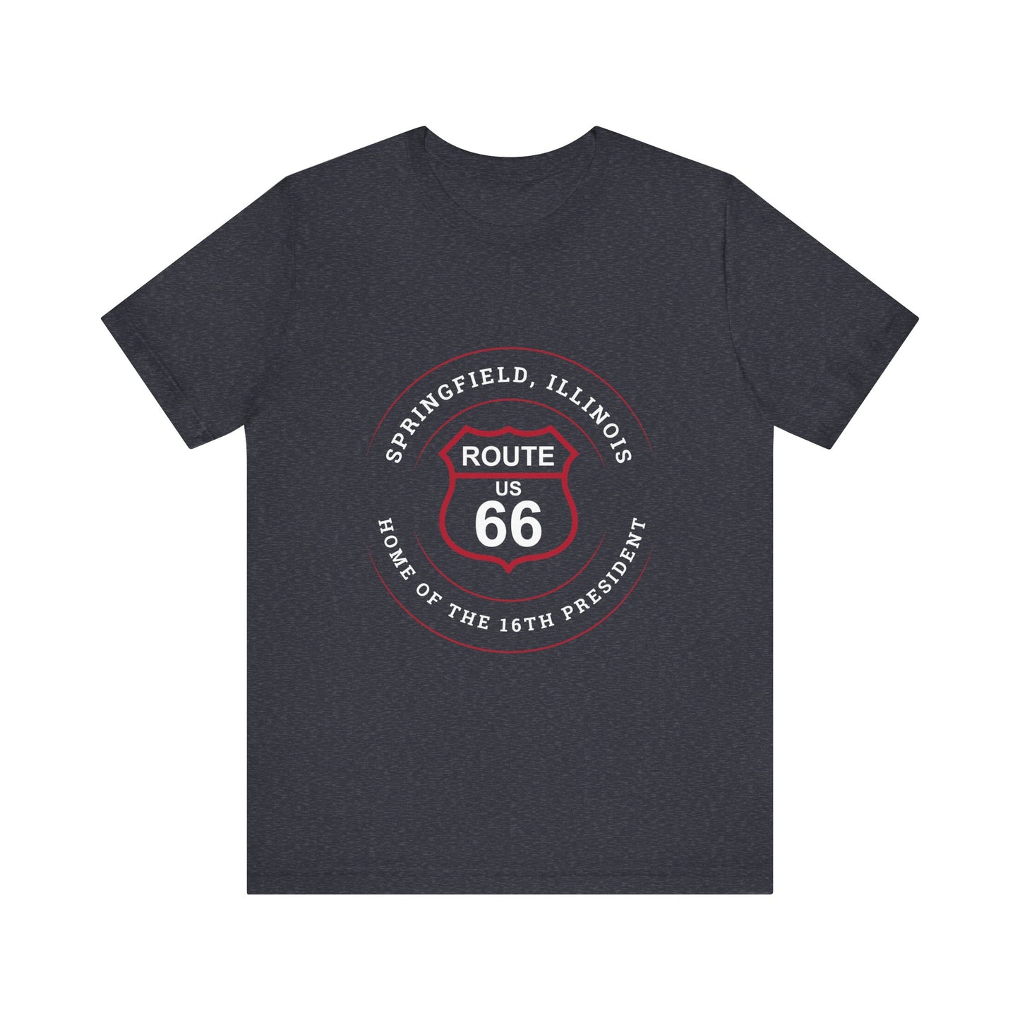 Heather navy retro Route 66 unisex jersey tee with Springfield, IL:: "Home of the 16th President" design