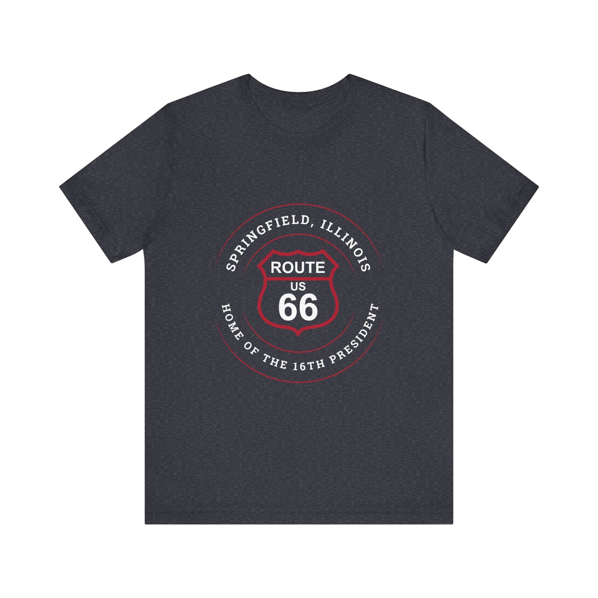 Heather navy retro Route 66 unisex jersey tee with Springfield, IL:: "Home of the 16th President" design
