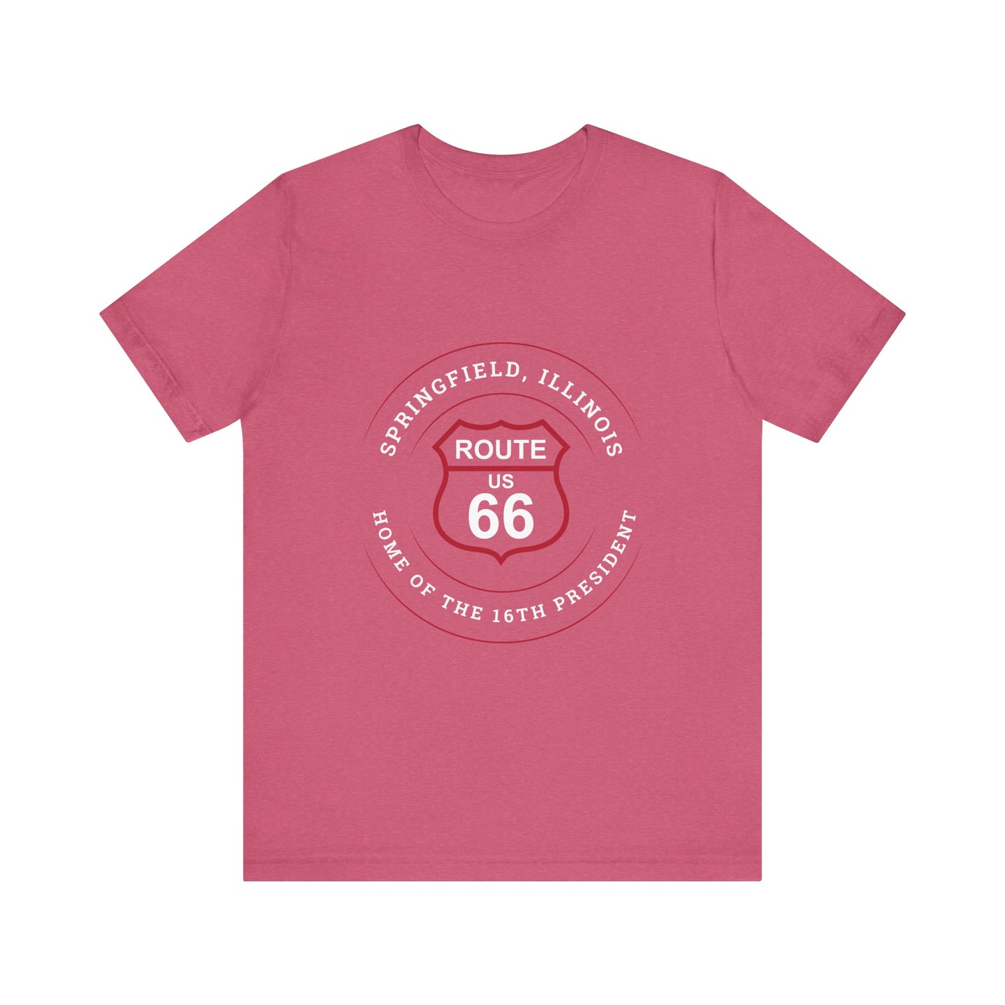 Heather raspberry retro Route 66 unisex jersey tee with Springfield, IL:: "Home of the 16th President" design