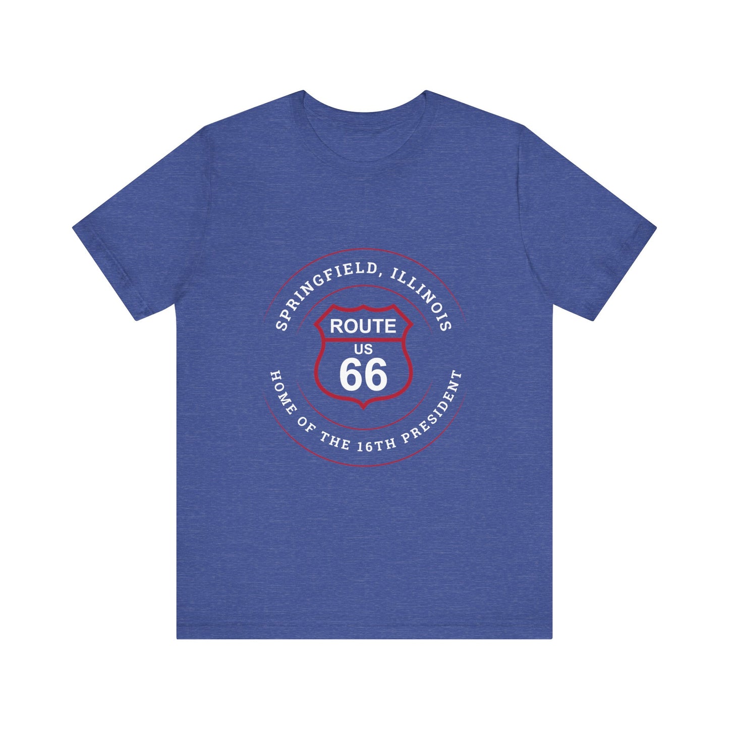 Heather true royal retro Route 66 unisex jersey tee with Springfield, IL:: "Home of the 16th President" design