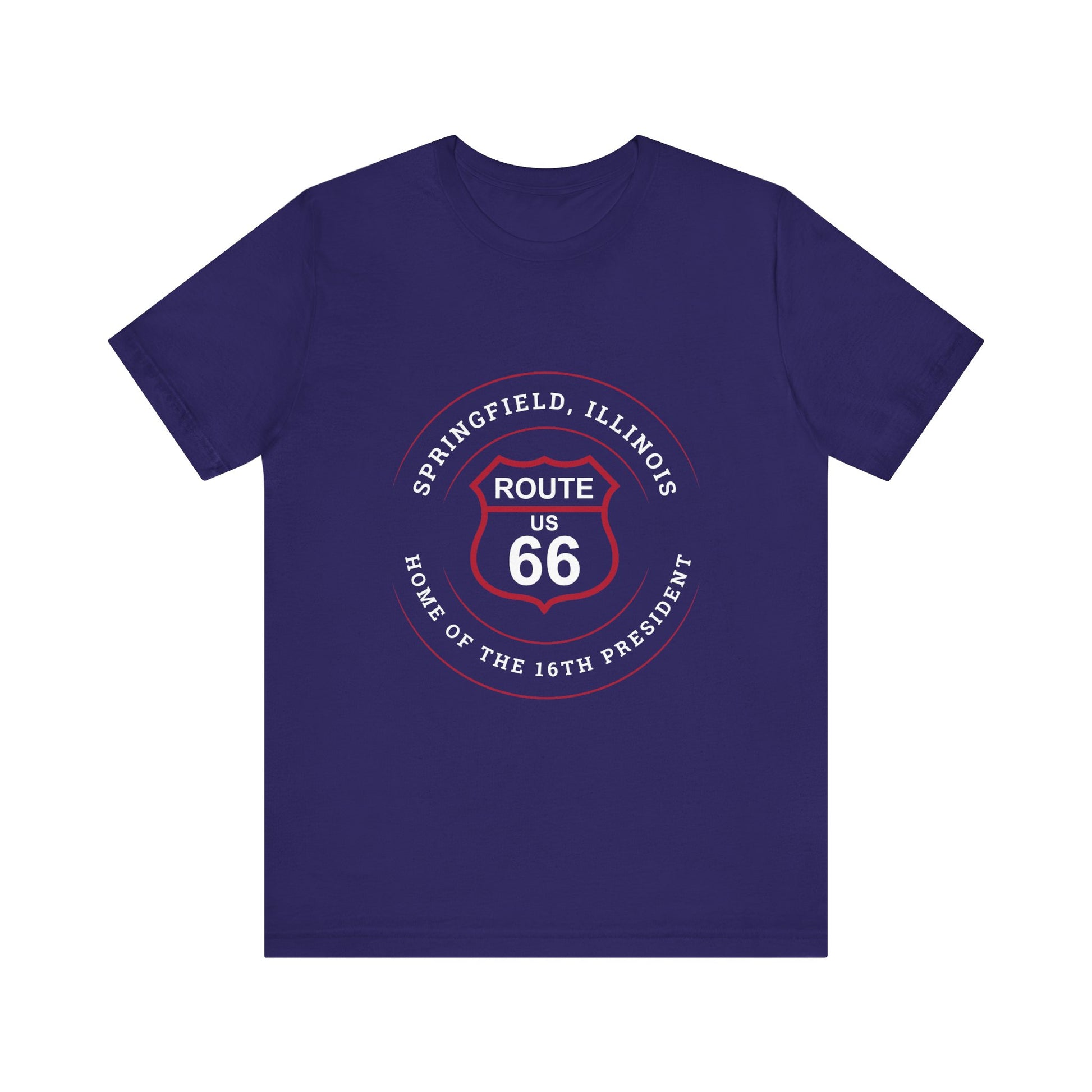 Team navy retro Route 66 unisex jersey tee with Springfield, IL:: "Home of the 16th President" design