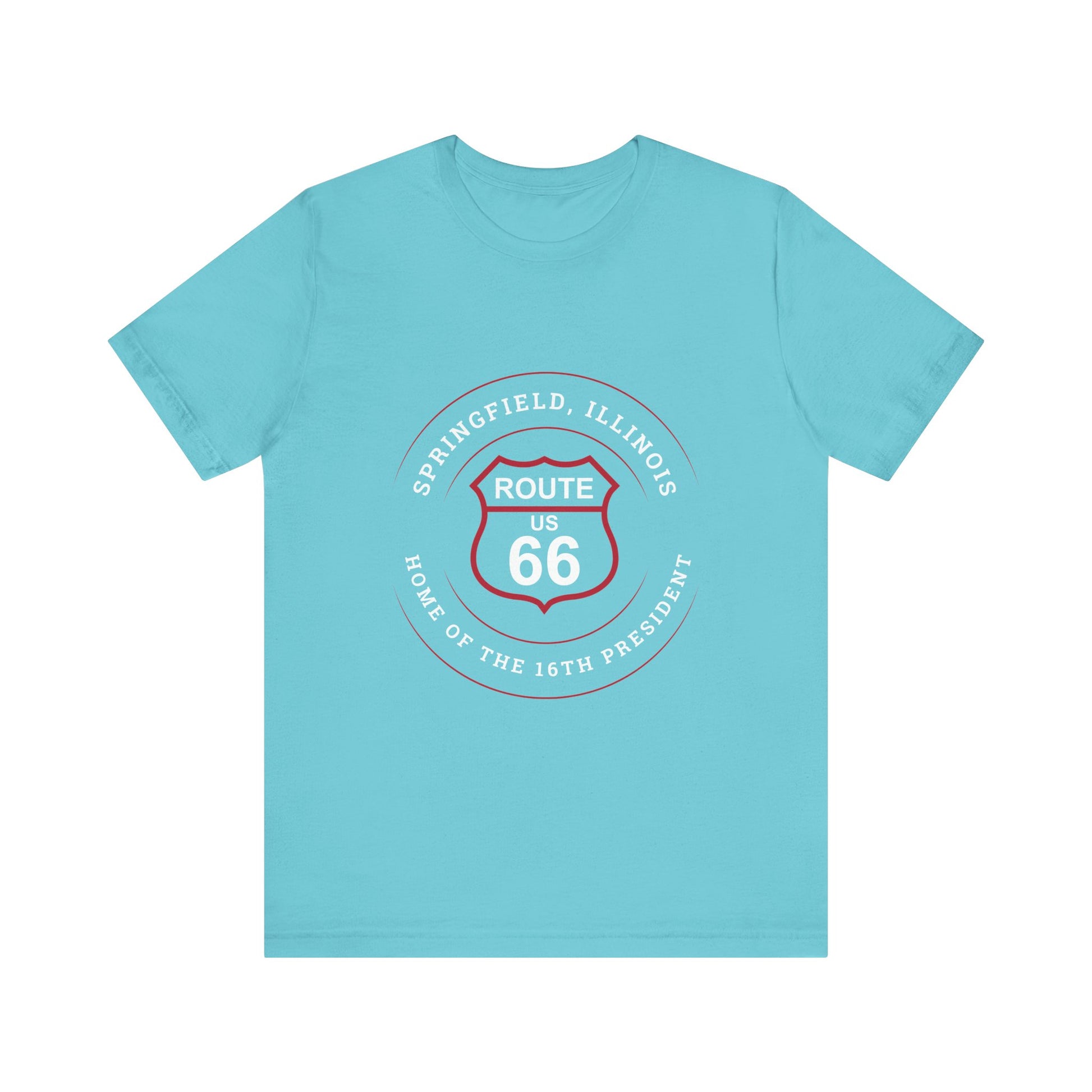 Turquoise retro Route 66 unisex jersey tee with Springfield, IL:: "Home of the 16th President" design