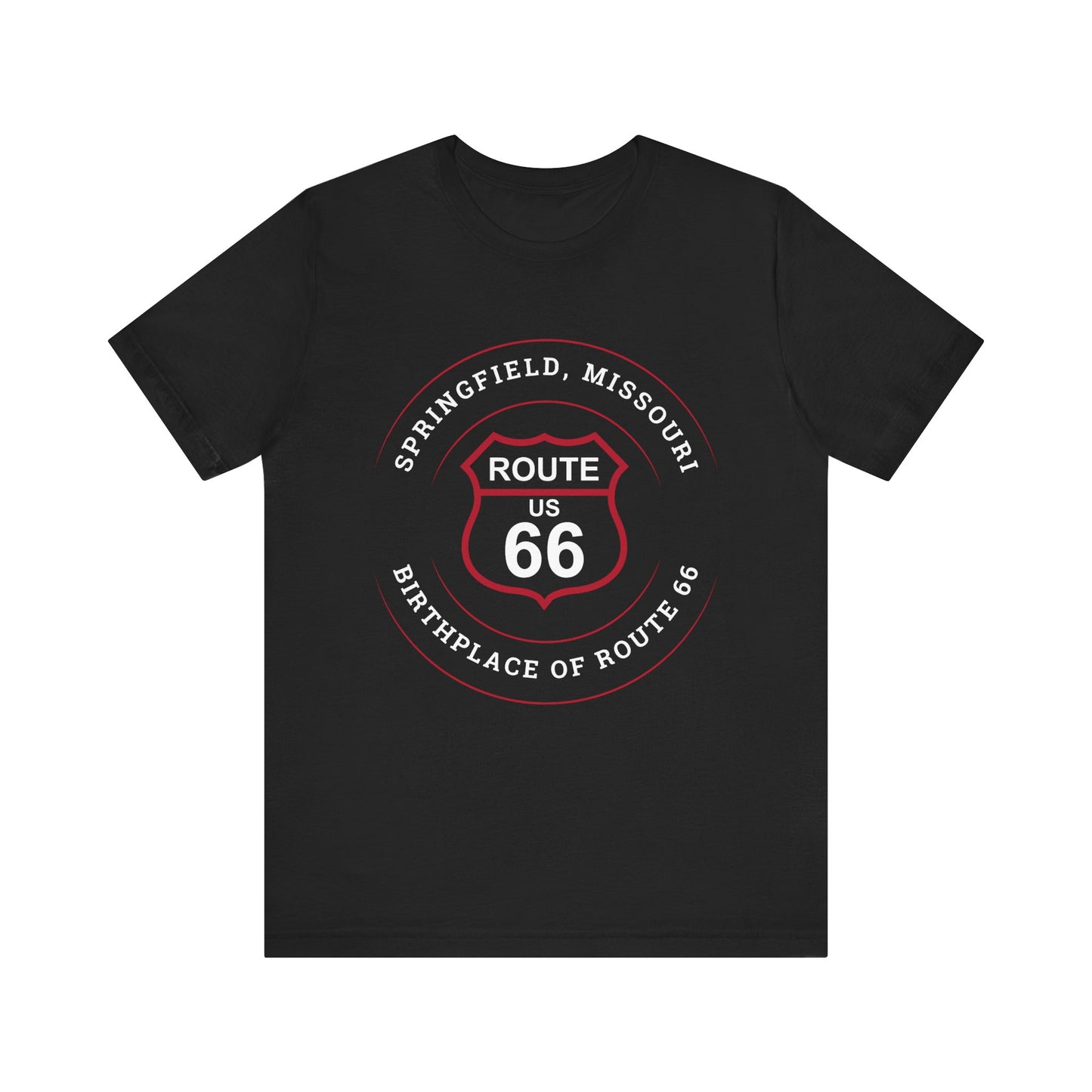 Black retro Route 66 unisex jersey tee with Springfield, MO:: "Birthplace of Route 66" design