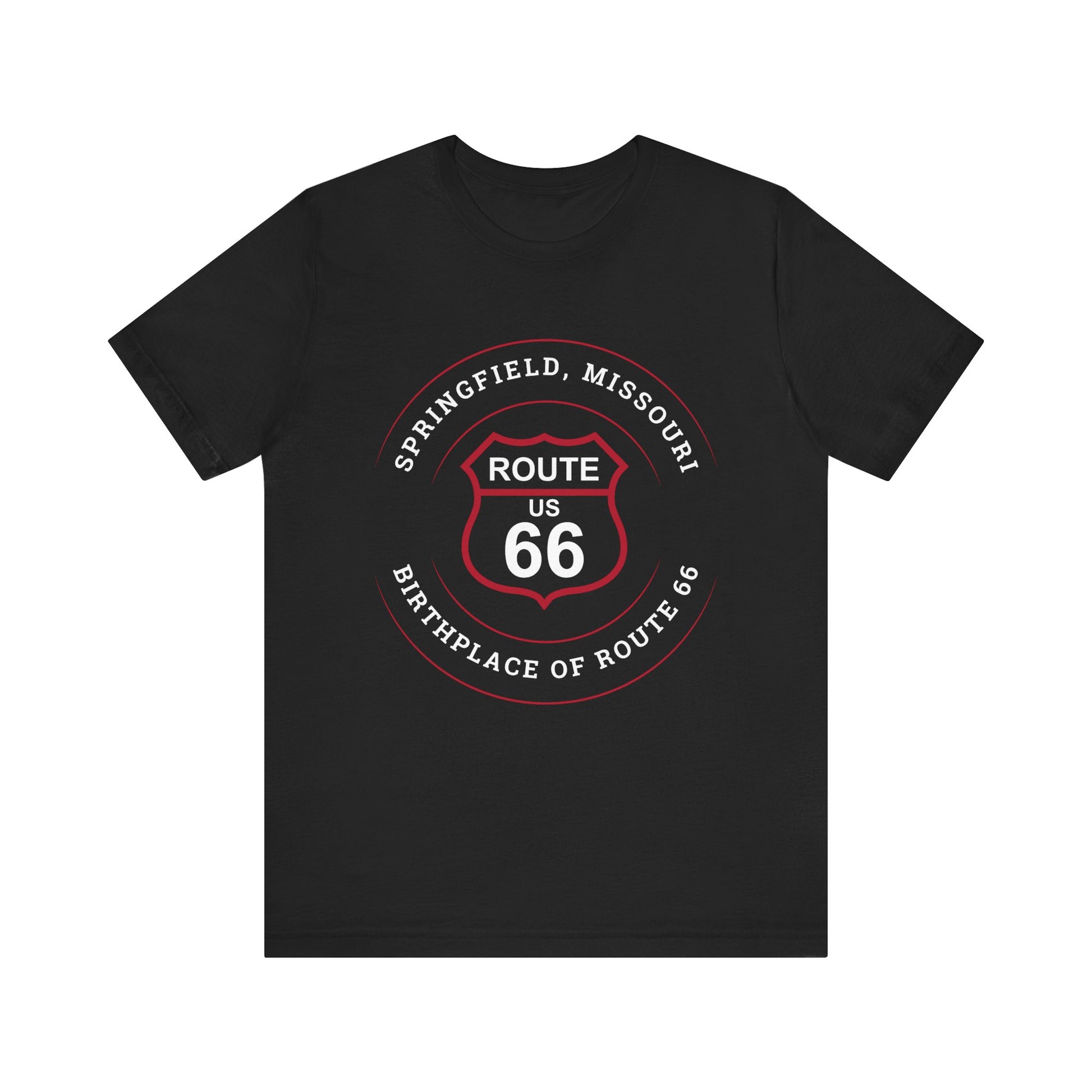 Black retro Route 66 unisex jersey tee with Springfield, MO:: "Birthplace of Route 66" design
