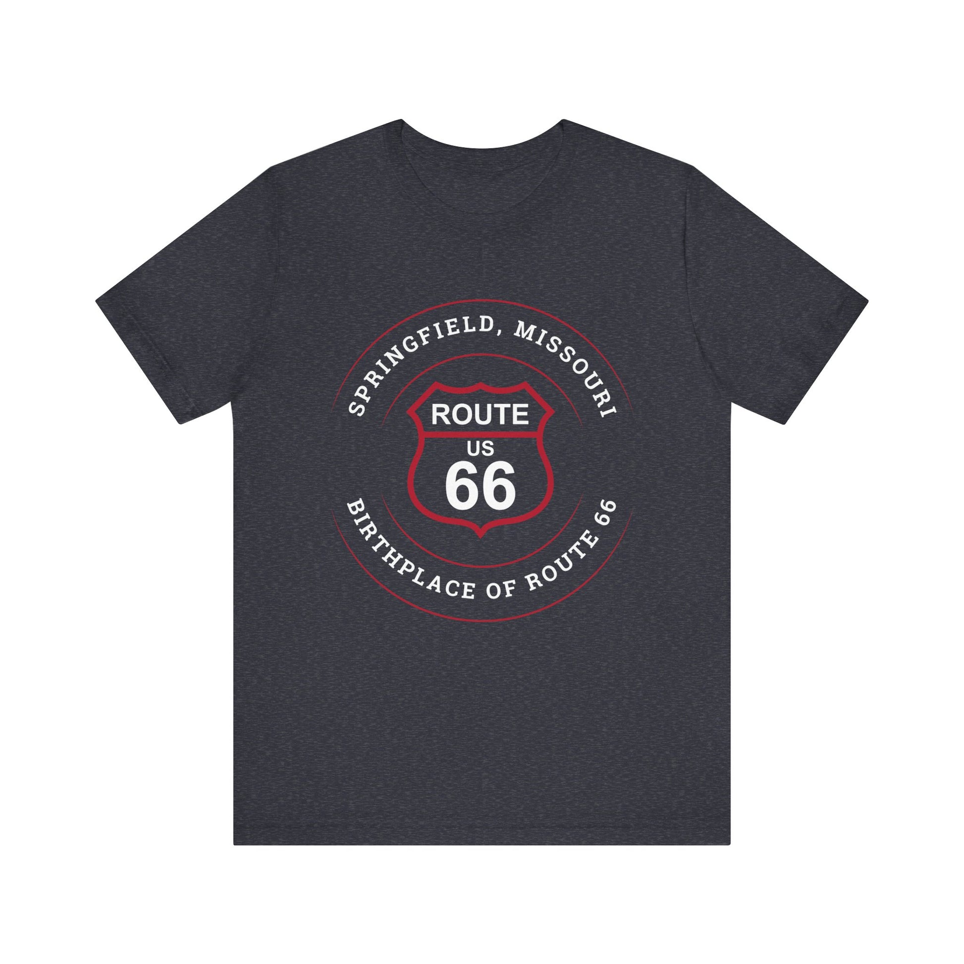 Heather navy retro Route 66 unisex jersey tee with Springfield, MO:: "Birthplace of Route 66" design