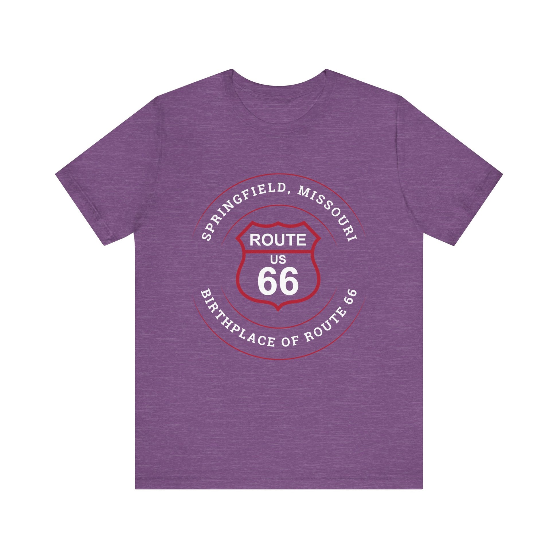 Heather team purple retro Route 66 unisex jersey tee with Springfield, MO:: "Birthplace of Route 66" design