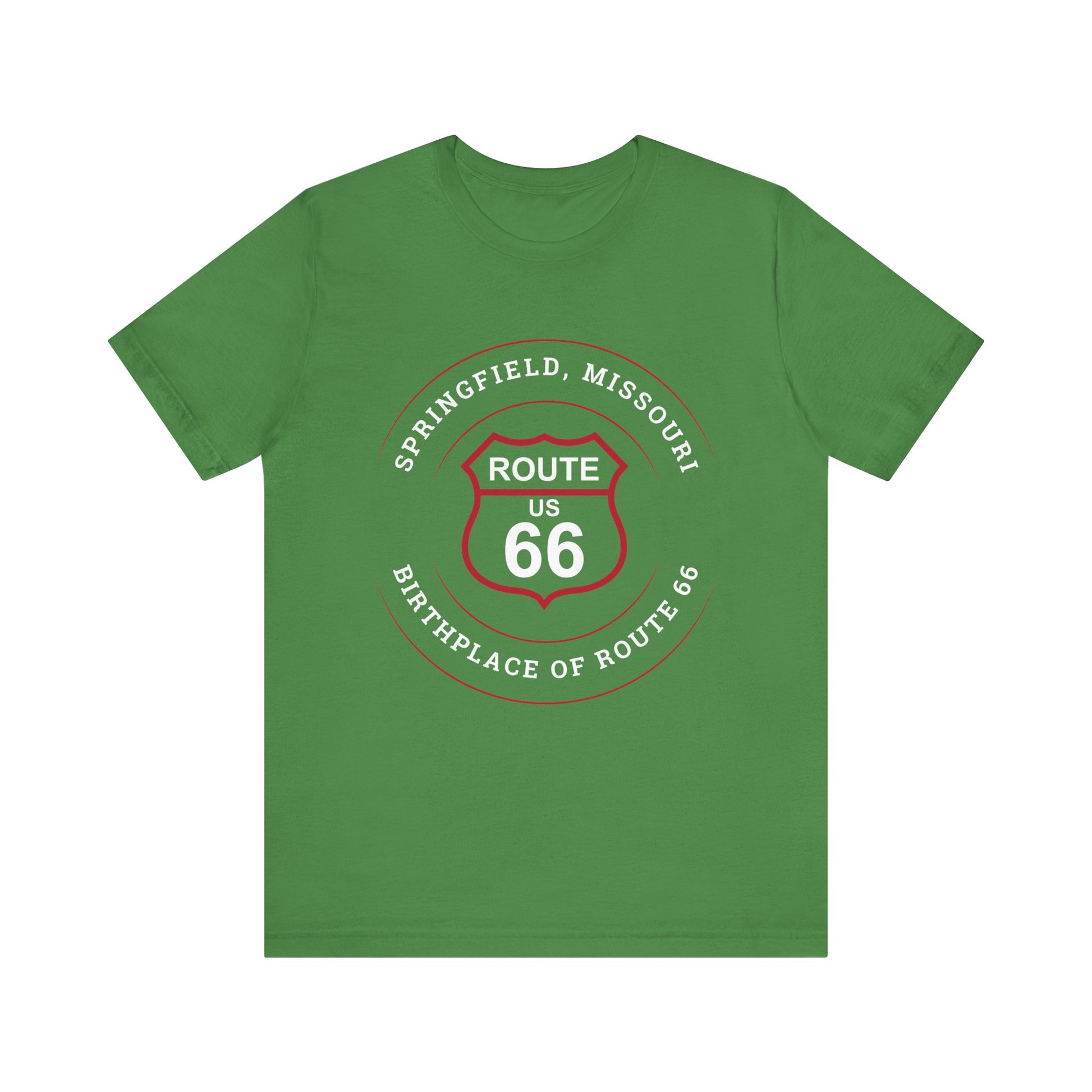 Leaf retro Route 66 unisex jersey tee with Springfield, MO:: "Birthplace of Route 66" design