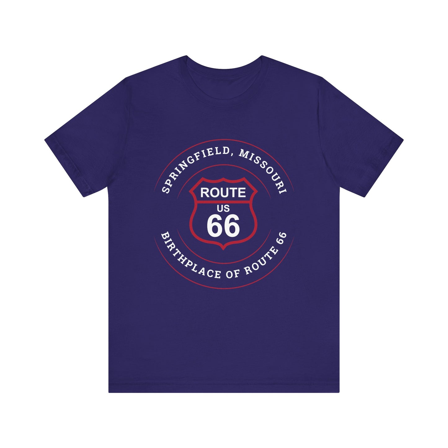 Team navy retro Route 66 unisex jersey tee with Springfield, MO:: "Birthplace of Route 66" design