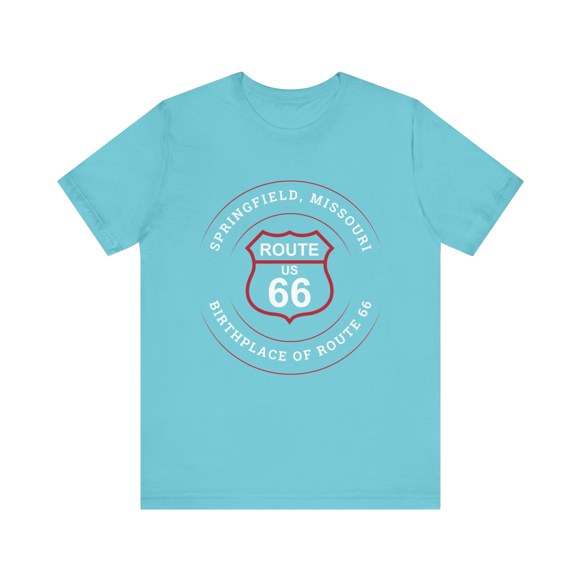 Turquoise retro Route 66 unisex jersey tee with Springfield, MO:: "Birthplace of Route 66" design