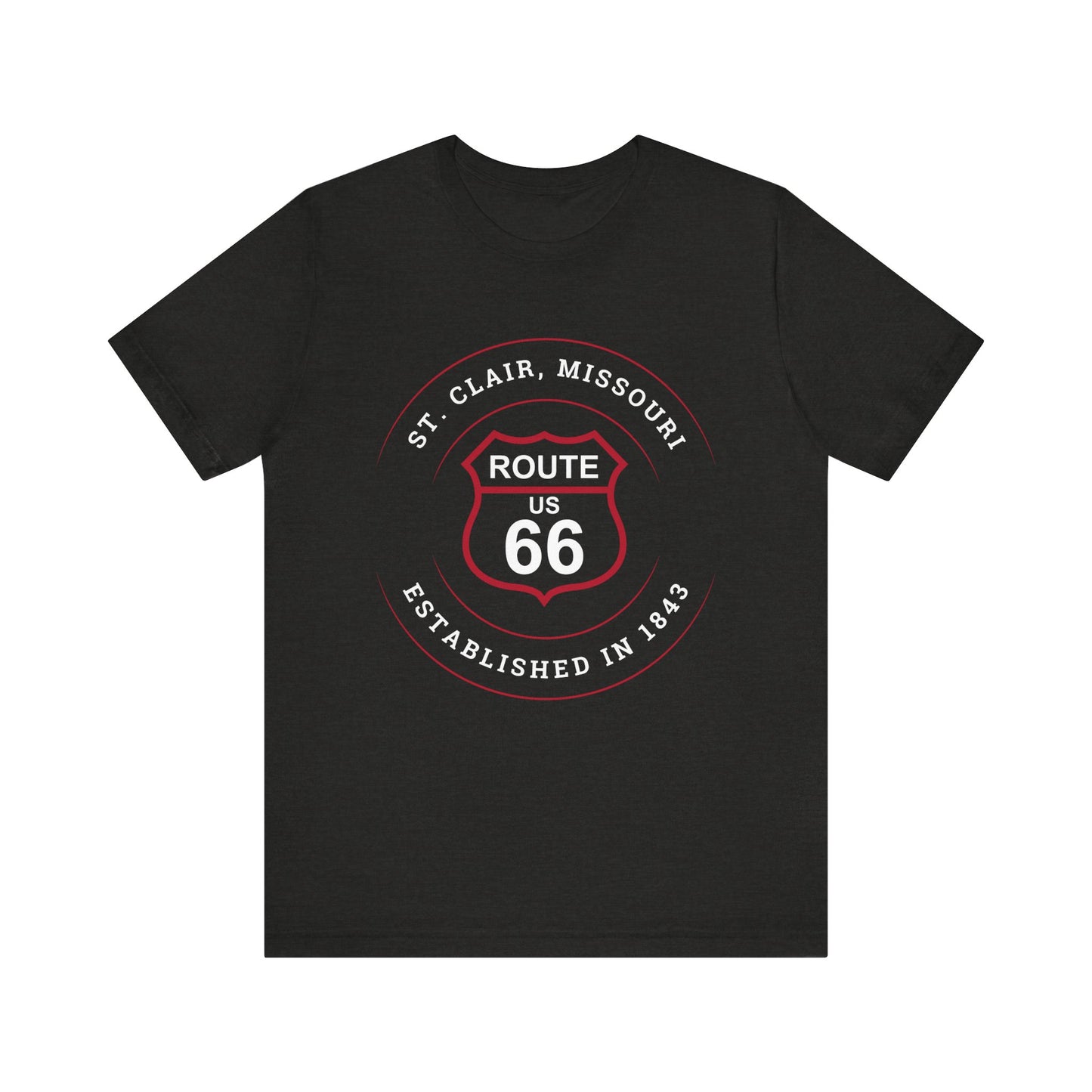 Black heather retro Route 66 unisex jersey tee with St. Clair, MO: "Established in 1843" design