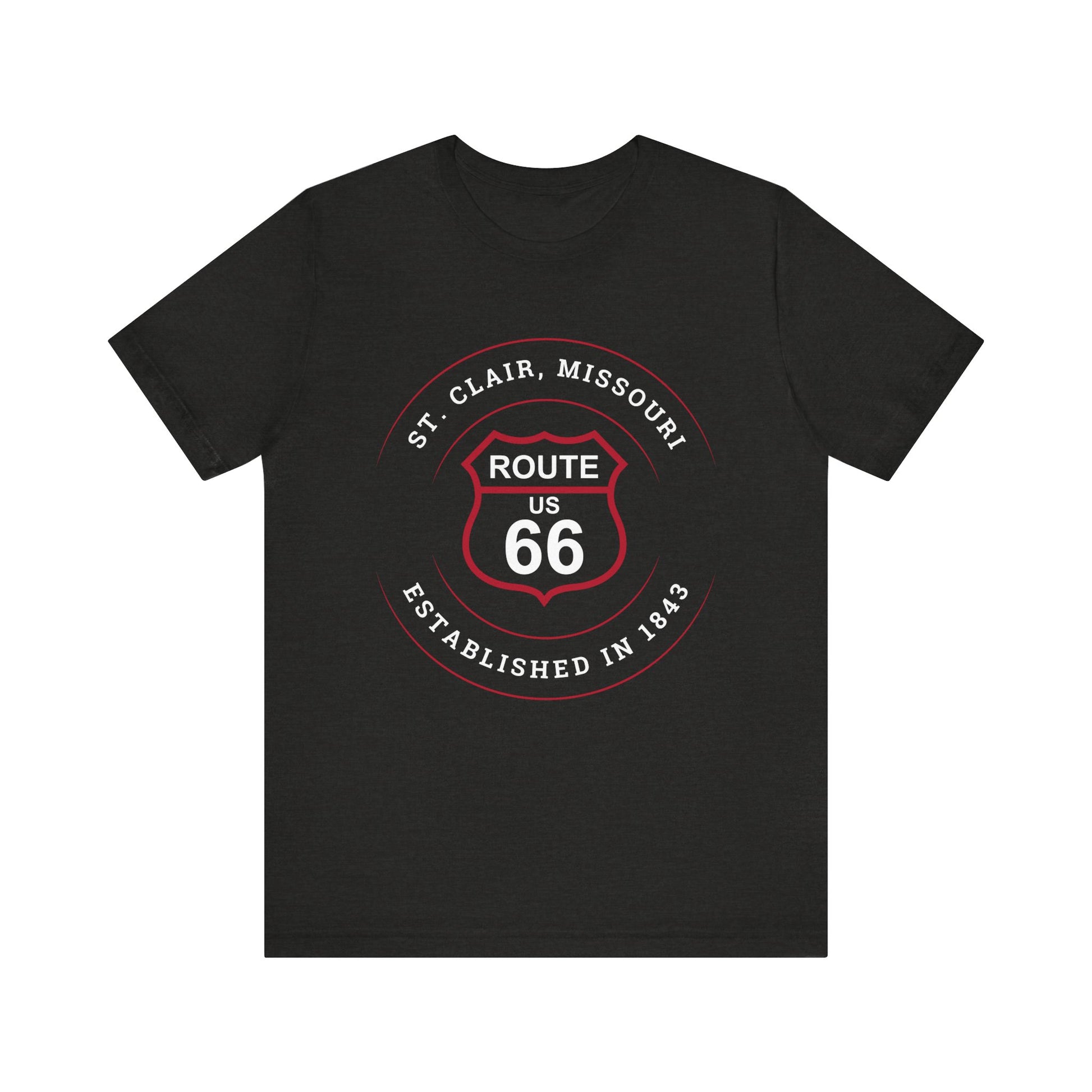 Black heather retro Route 66 unisex jersey tee with St. Clair, MO: "Established in 1843" design