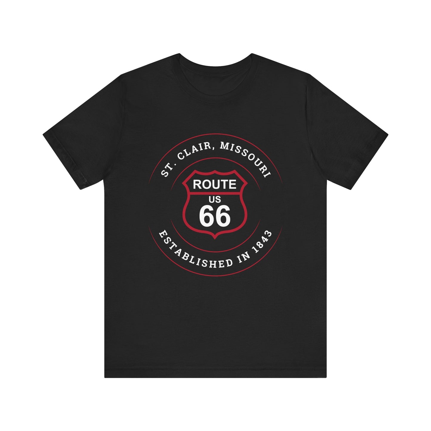 Black retro Route 66 unisex jersey tee with St. Clair, MO: "Established in 1843" design