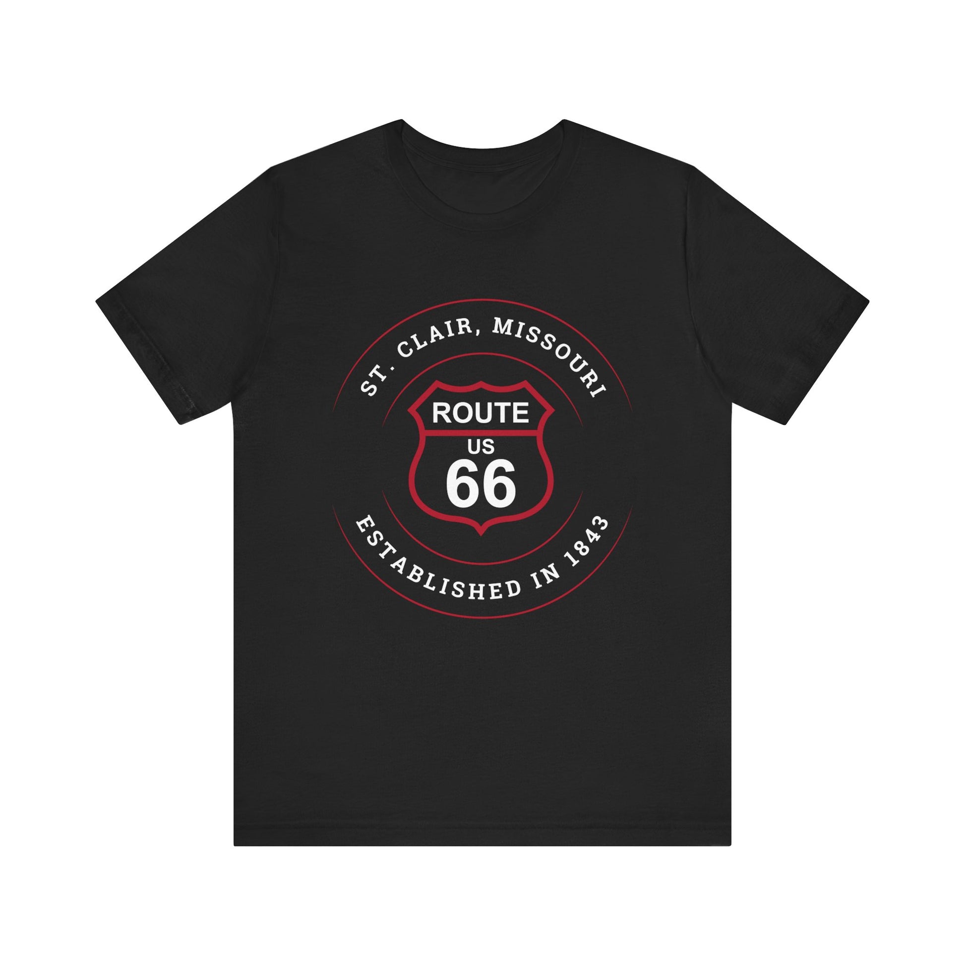Black retro Route 66 unisex jersey tee with St. Clair, MO: "Established in 1843" design