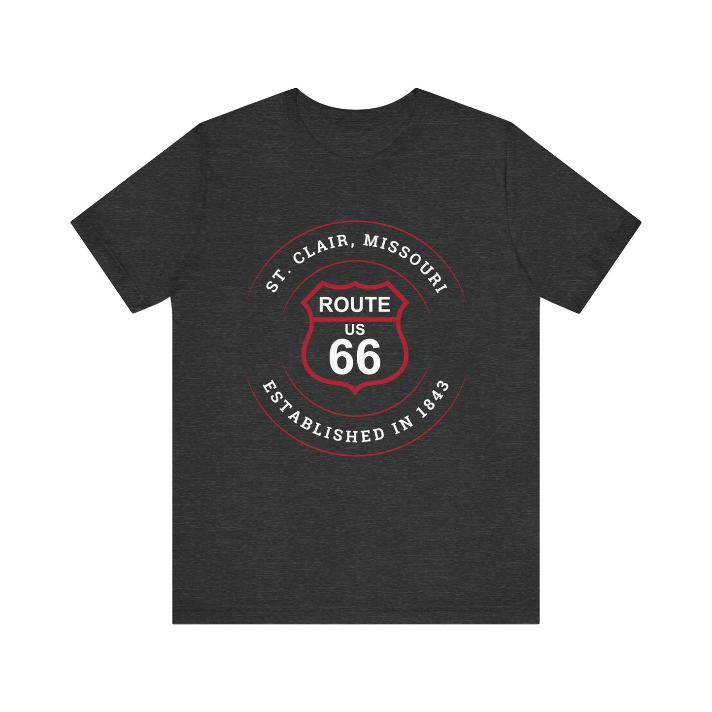 Dark grey heather retro Route 66 unisex jersey tee with St. Clair, MO: "Established in 1843" design