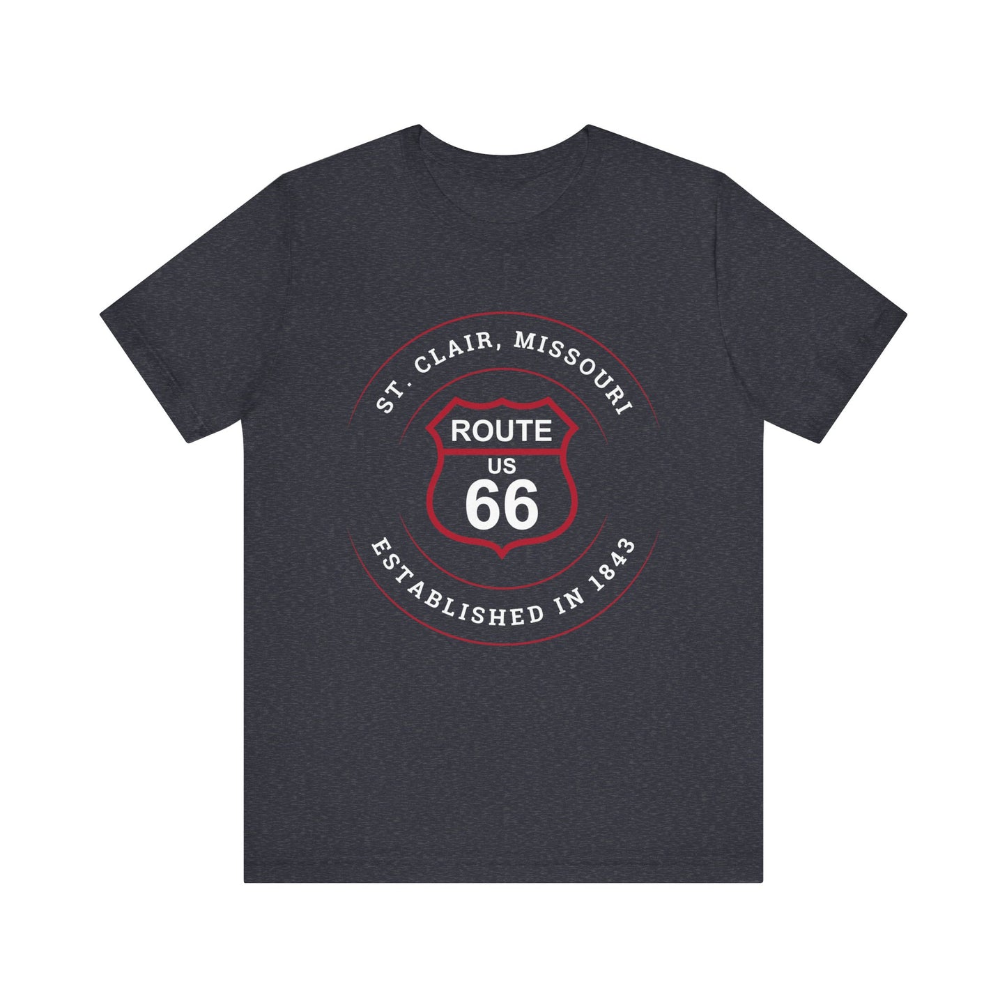 Heather navy retro Route 66 unisex jersey tee with St. Clair, MO: "Established in 1843" design