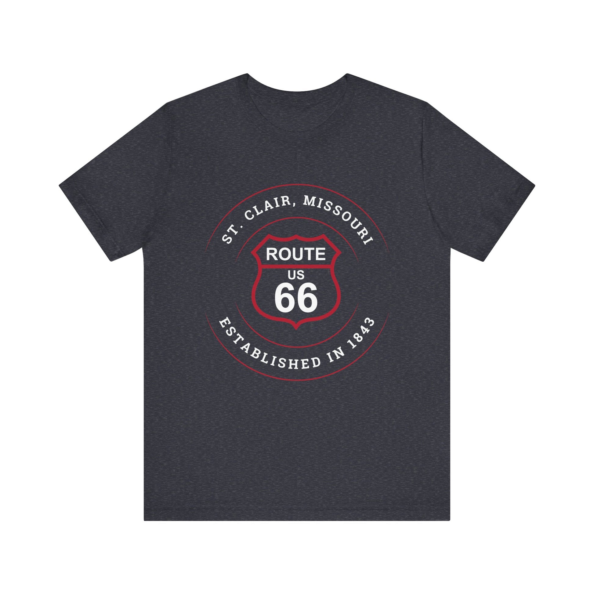 Heather navy retro Route 66 unisex jersey tee with St. Clair, MO: "Established in 1843" design