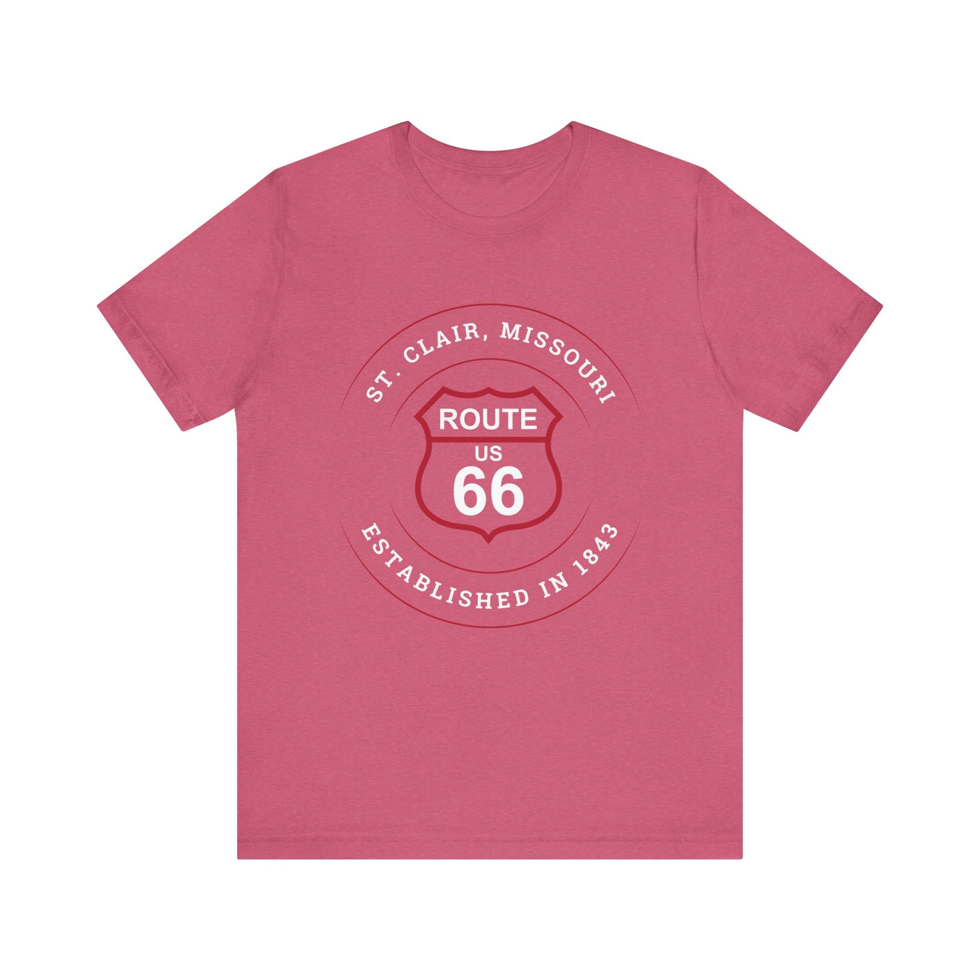 Heather raspberry retro Route 66 unisex jersey tee with St. Clair, MO: "Established in 1843" design